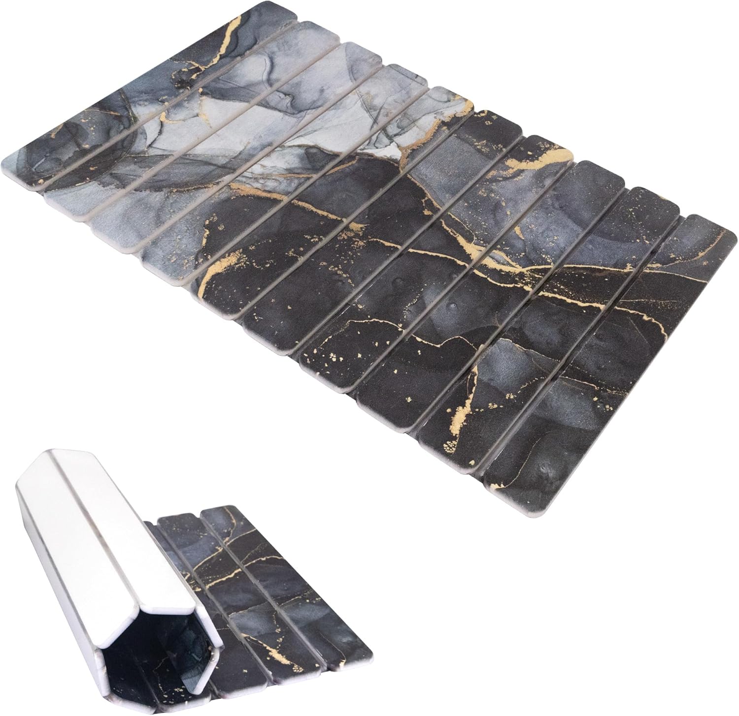 Large Stone Drying Mat for Kitchen Counter, 24"×16" Black Marble Quick Dish Drying Mat with Sanding Pads Non-Slip Roll Up Absorbent Diatomaceous Earth Mat for Dishes Bottles Cups