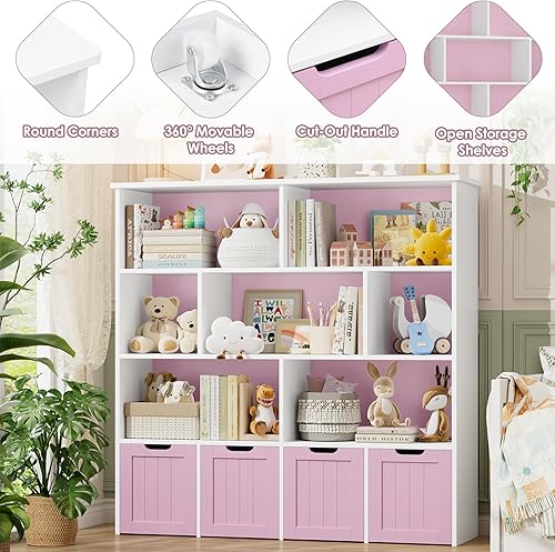 Miniatura 4 de FINETONES Organizador de almacenamiento de juguetes, estantería para niños con 4 cofres móviles y 7 cubos de almacenamiento, almacenamiento de baúl