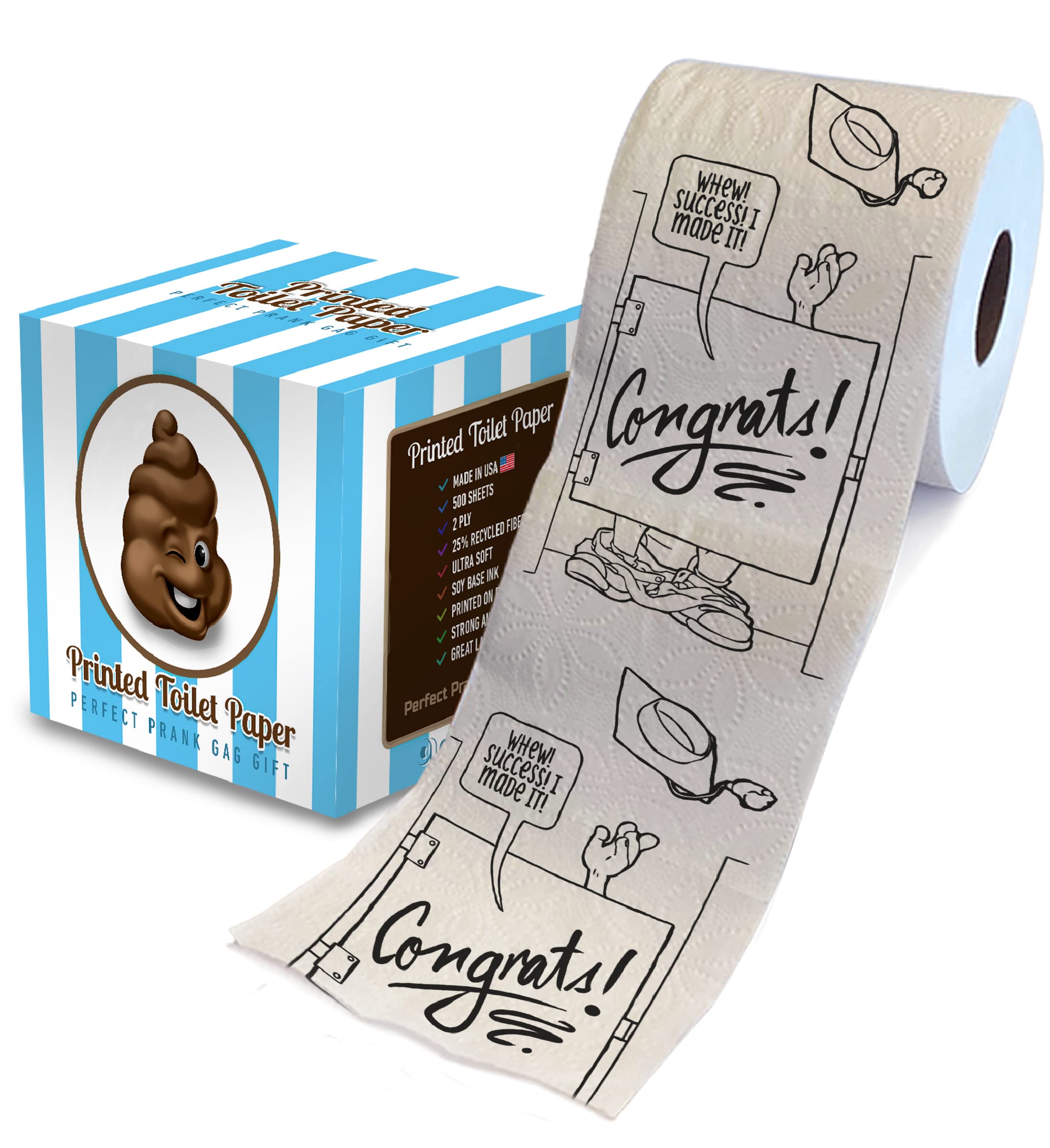 Printed TP Congrats! Whew! Success! I Made It! Printed Toilet Paper Gag Gift - Funny Toilet Paper Roll for Pranks, Surprise, Bathroom Decor, Novelty Happy Graduation Gift for Graduate, 500 Sheets