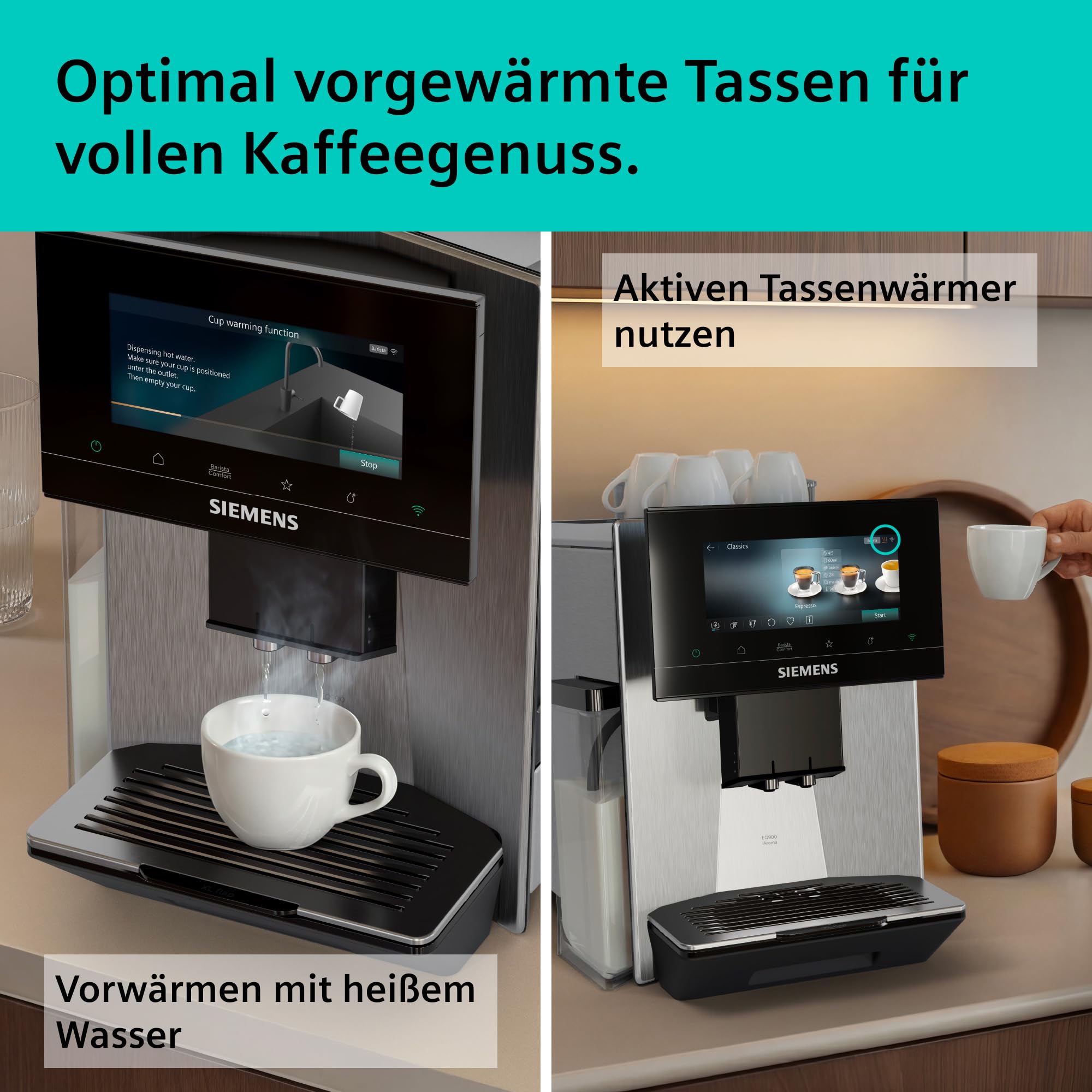Siemens Kaffeevollautomat EQ900 iAroma, personalisierbare Einstellungen, präzises Mahlwerk, großes, intuitives Full-Touch-Display, Silber, TQ923E03