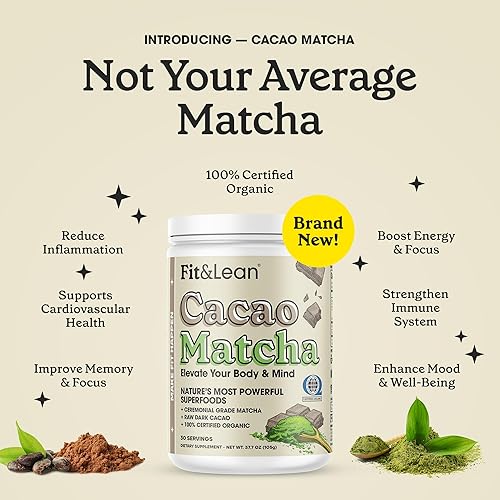 Miniatura 4 de Fit & Lean Cacao Matcha té verde en polvo, orgánico, grado ceremonial japonés, superalimento, antioxidantes, energía, estado de ánimo, 3.70 oz, 30