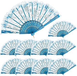 QIRMIZI 10 Pcs Rose Lace Folding Fans,Silk Folding Hand Fans, Perfect for Weddings, Parties, and Dancing,Light Blue