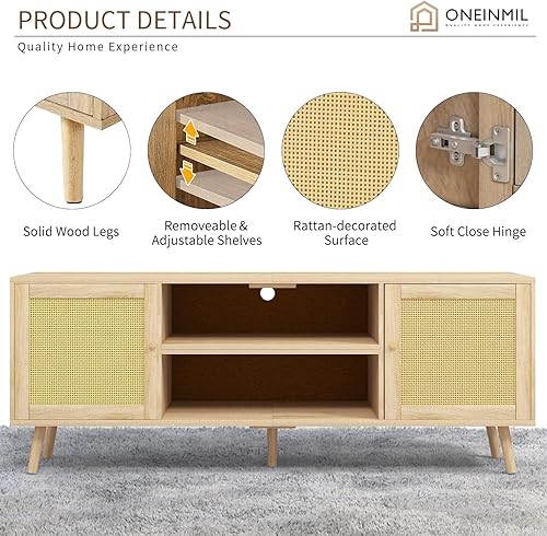 Miniatura 6 de oneinmil TV Stand for 75 Inch TV, Mid Century Modern Entertainment Center with Rattan Door Design, Storage Cabinets with Adjustable Shelves, Long