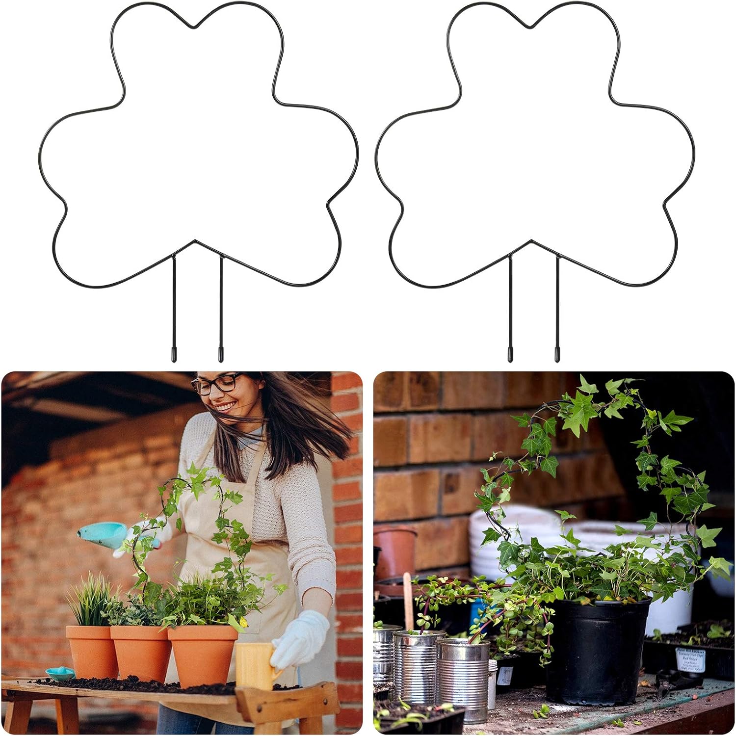 Apipi 2 Pack Iron Garden Trellis for Climbing Plants- Rust Free Vine Plant Metal Support Wire with Black Coating Decorative Panels for Garden Potted Climbing Stems Stalks Vines (Clover)