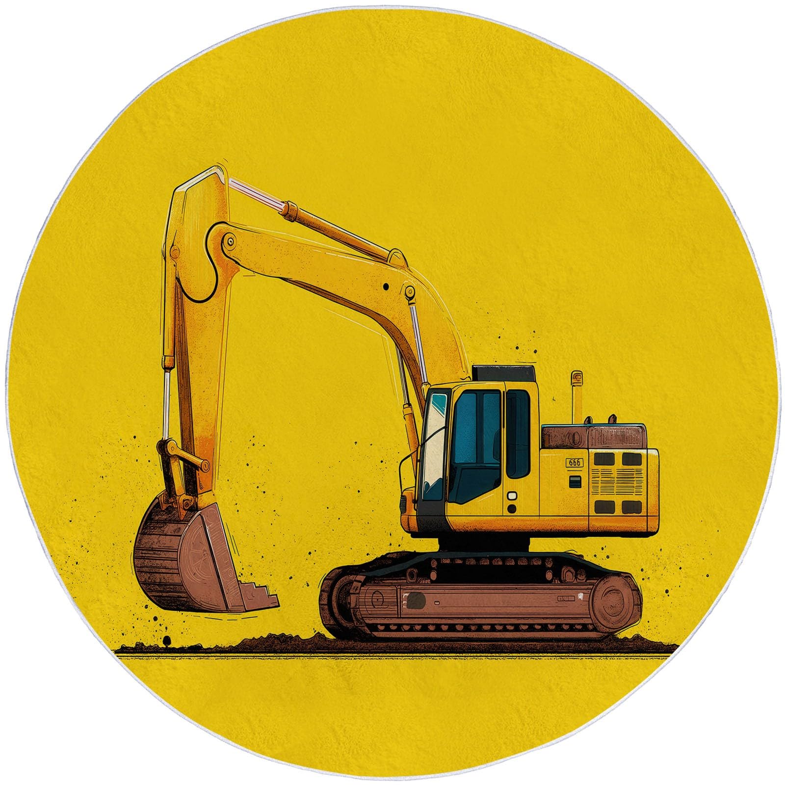 Generico Tappeto Rotondo Lavabile 160 cm per Soggiorno, Tappetino Antiscivolo Resistente Cartoon Veicoli da Costruzione - Tappeto Morbido Stampato Giallo Senape per Camera da Letto Cameretta Cucina