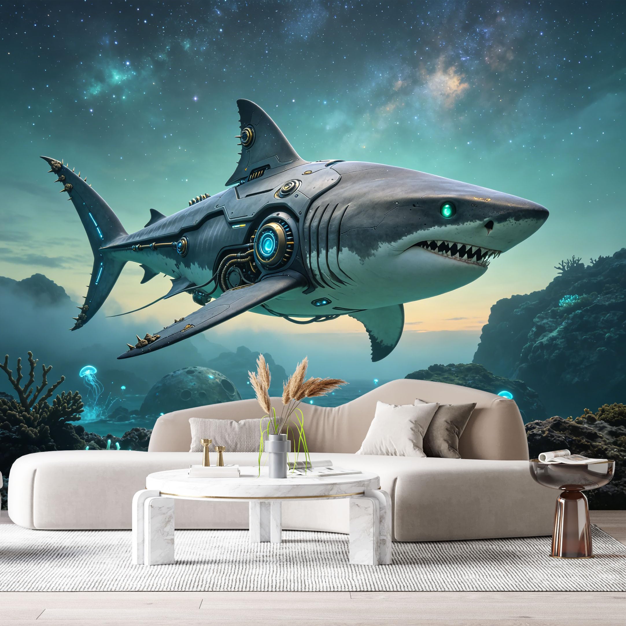 Custom Size Wall Mural Mechanical Aquatic Predator Science Fiction Ocean Mech Futuristic Underwater Art SelfAdhesive Art Prints Removable Large Wallpaper Esports Game Room Tenant Room Studio