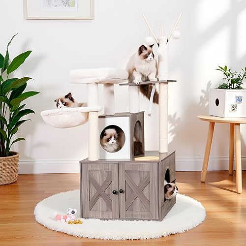 Heybly Cat Tree, Wood Litter Box Enclosure with Food Station, All-in-one Indoor Cat Furniture with Large Platform and Condo, Modern Style Cat Tower, Hammock, Rustic Brown HCT102SG