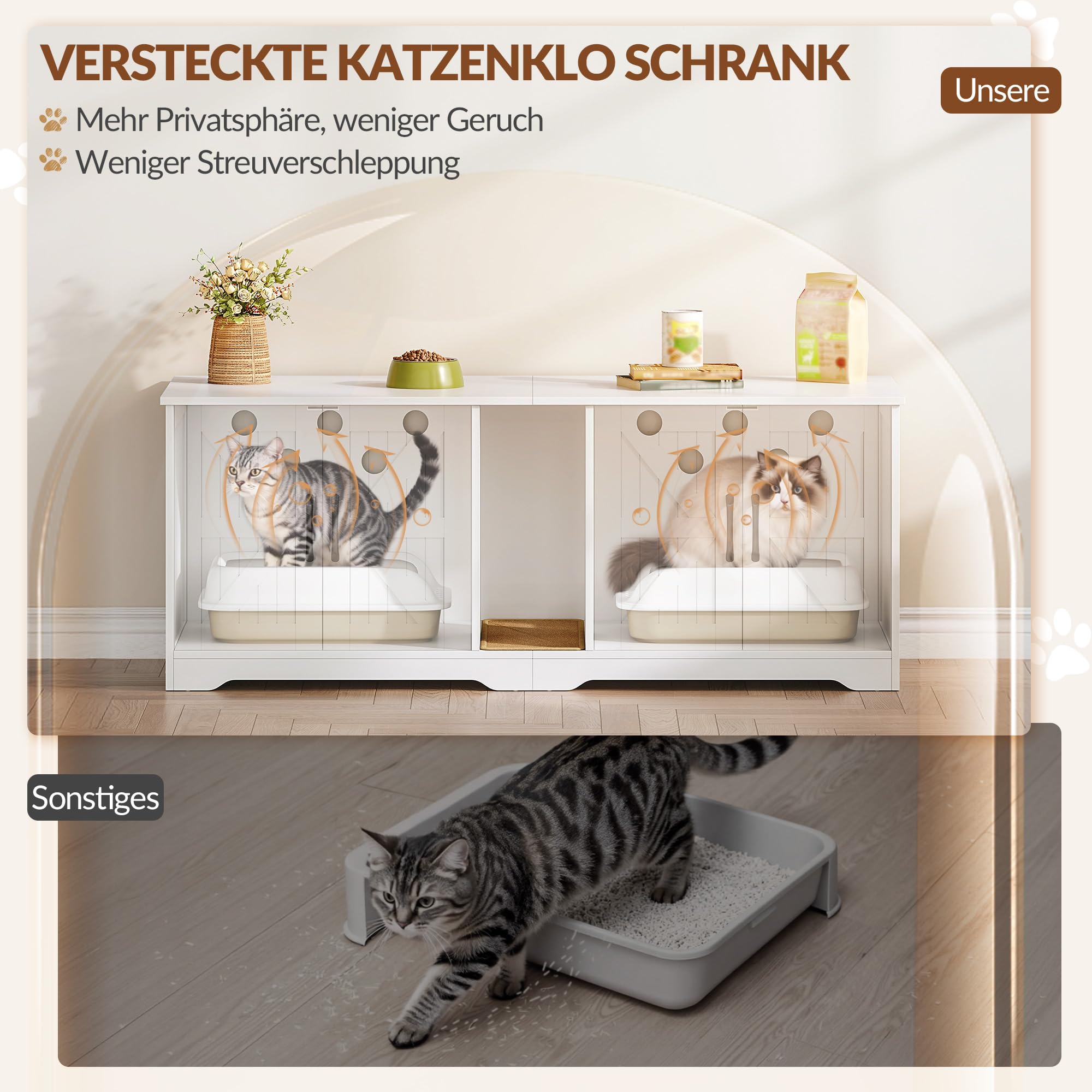 Katzenklo Schrank für 2 Katzen, Katzenklo Versteckt Schrank Möbel, Katzenhaus Holz Beistelltisch mit Kratzmatte, für Wohnzimmer und Schlafzimmer, 140 x 50 x 55 cm, Weiß, FPCB103PW1