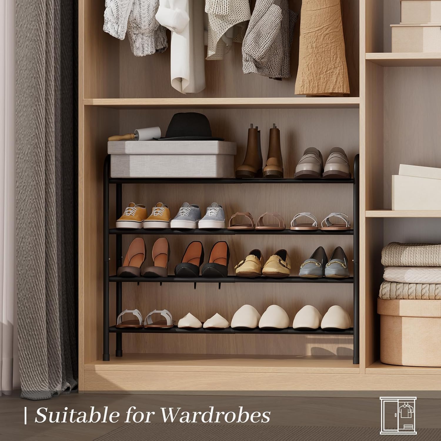 Expandable Shoe Rack, 4-Tier Metal Small Shoe Rack, Adjustable Shoes Organizer, Storage Shelf for Closet, Entryway, Black