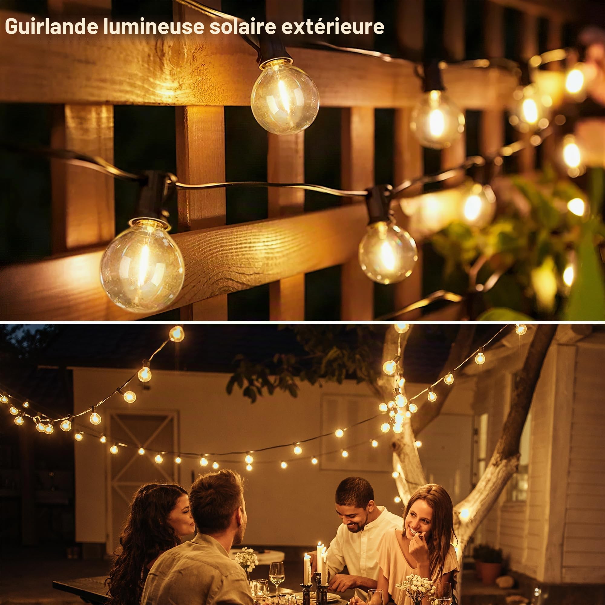 Guirlande lumineuse solaire d'extérieur 20 m avec 30 + 2 ampoules LED, G40, résistant aux intempéries, pour jardin, balcon, télécommande, 3 modes d'éclairage,fonction minuterie, étanchéité IP65