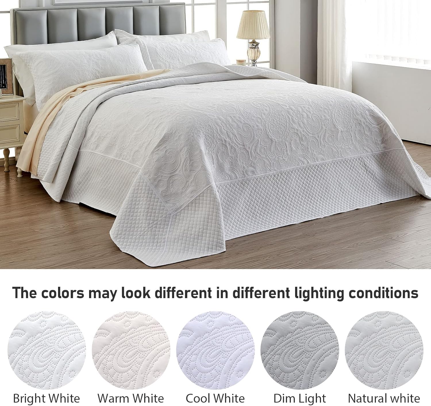 Qucover Alaska King Bedspread 132x 120, Solid White Oversized King Bedspread, 3 Piece Soft Microfiber Lightweight Oversized King Quilt Bedding Set, with Pillow Shams, Comforter with Paisley Pattern