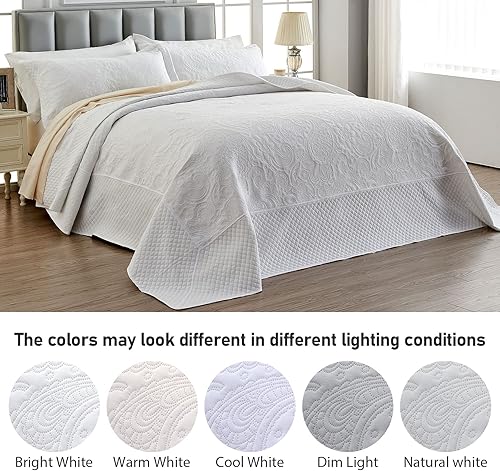 Miniatura 6 de Qucover Colcha tamaño King extragrande de color blanco, microfibra suave, ligera, tamaño California King, juego de edredón ultrasónico de 3 piezas