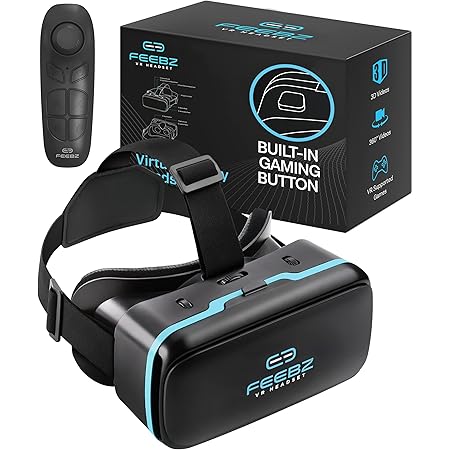 VR Headset for iPhone & Android - for Kids | Includes Built-in Button + BT Remote Controller for Android | Virtual Reality Goggles Set for Phones 4.5"-6.5" - Blue