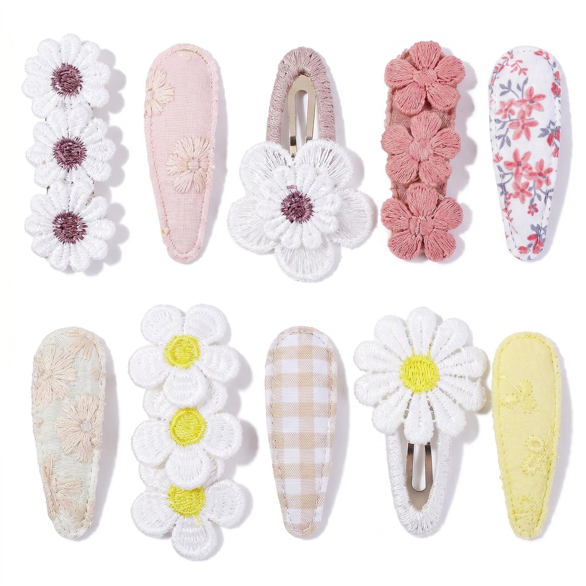10 Pack Baby Hair Clips, Toddler Hair Clips with Embroidery Daisy, Handmade Fabric Snap Clips for Girls, 2.2 Inch Floral Hair Accessories for Infant Toddlers, Gifts for Birthday Party Daily