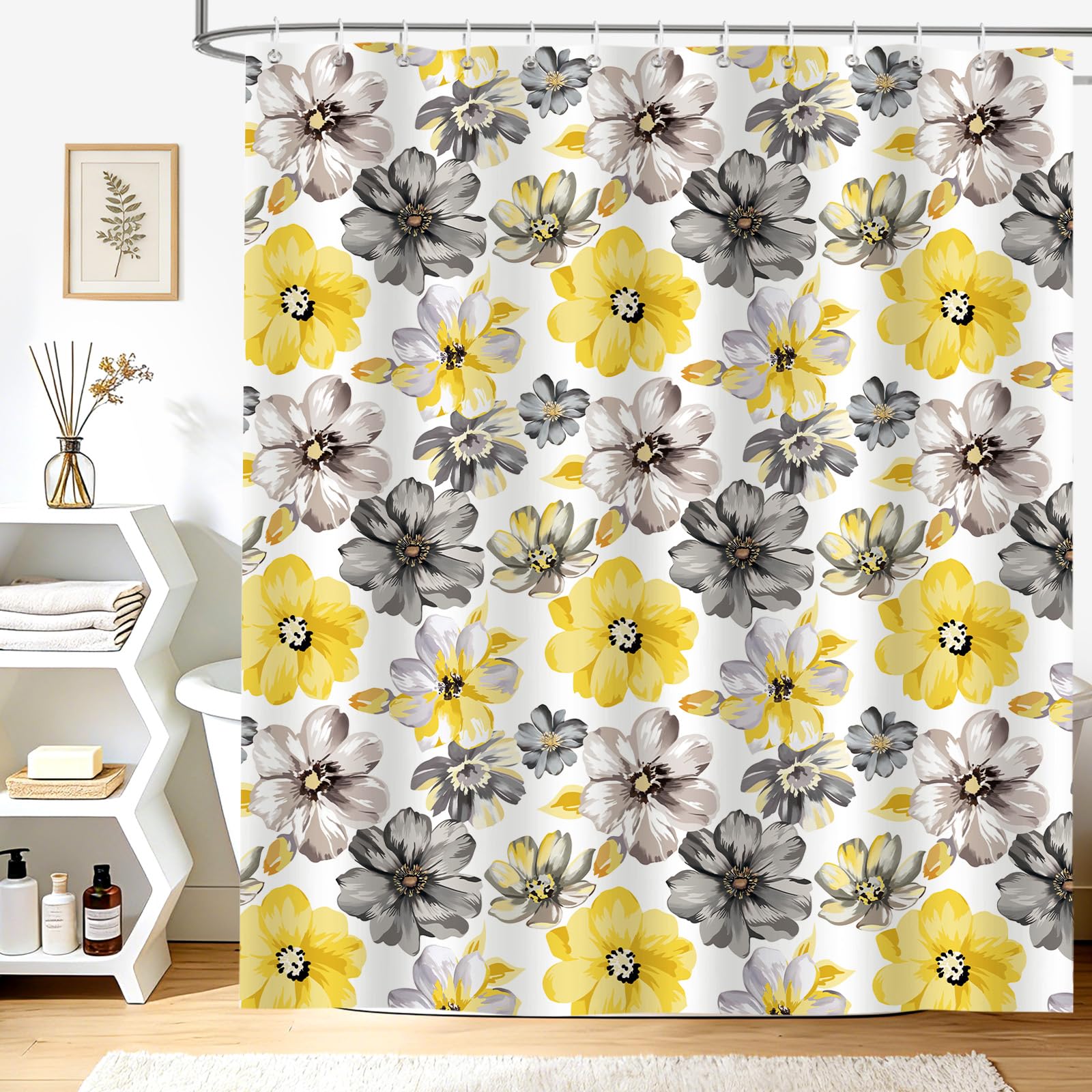 hometrixx Spring Farmhouse Floral Long Shower Curtain Yellow Gray Watercolor Flower Bathroom Polyester Shower Curtains Machine Washable Waterproof Fabric with 12 Hooks, 180 x 180 cm