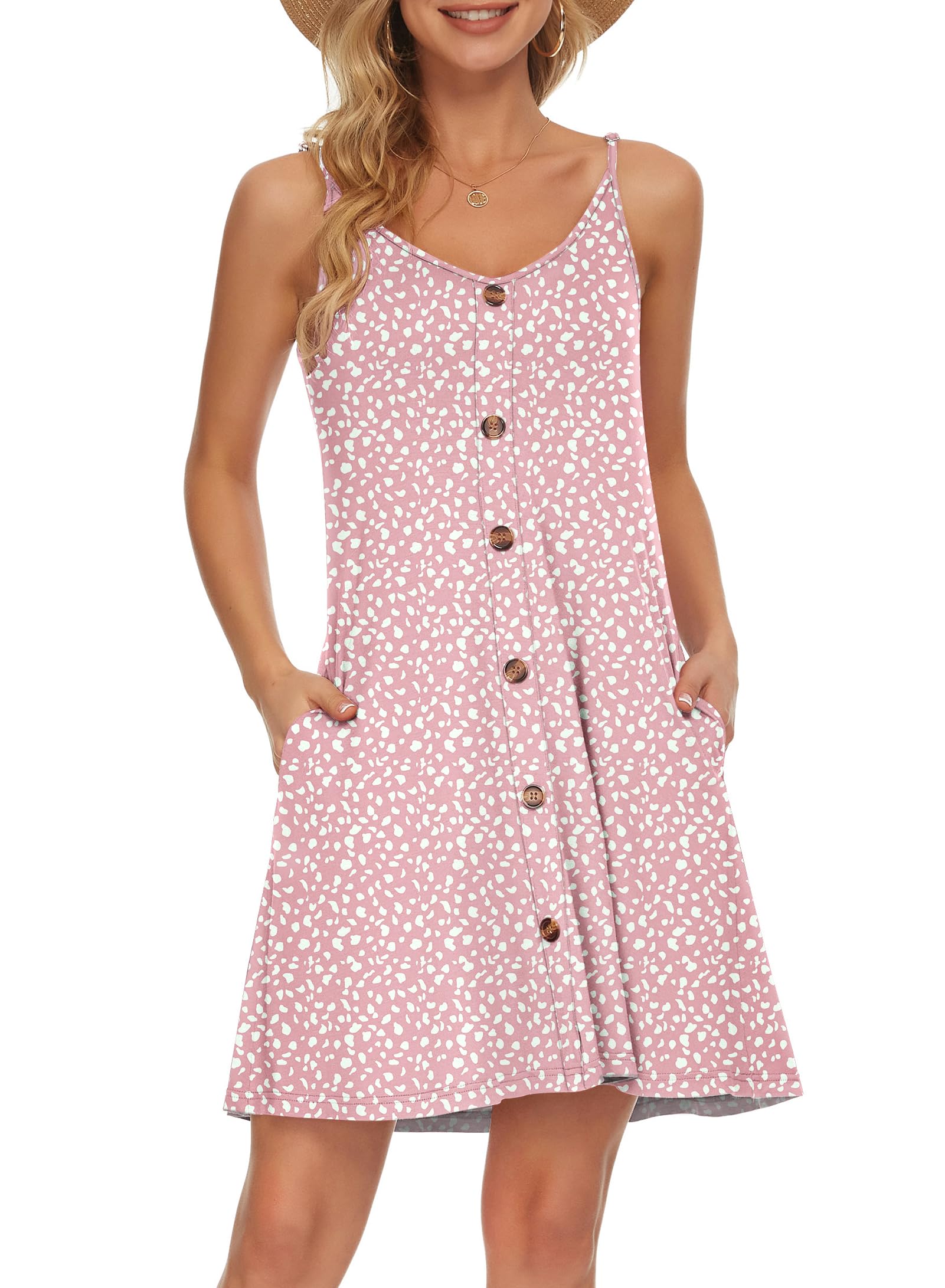 AUSELILY Vestido de Playa Informal con Cuello en V y Correa de Espagueti de Verano para Mujer con Bolsillos