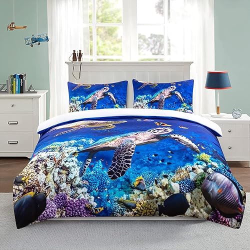 Miniatura 2 de Funda de edredón de 3 piezas de tortuga marina, tamaño matrimonial, arrecifes de coral de peces tropicales oceánicos azules, estampado en 3D,
