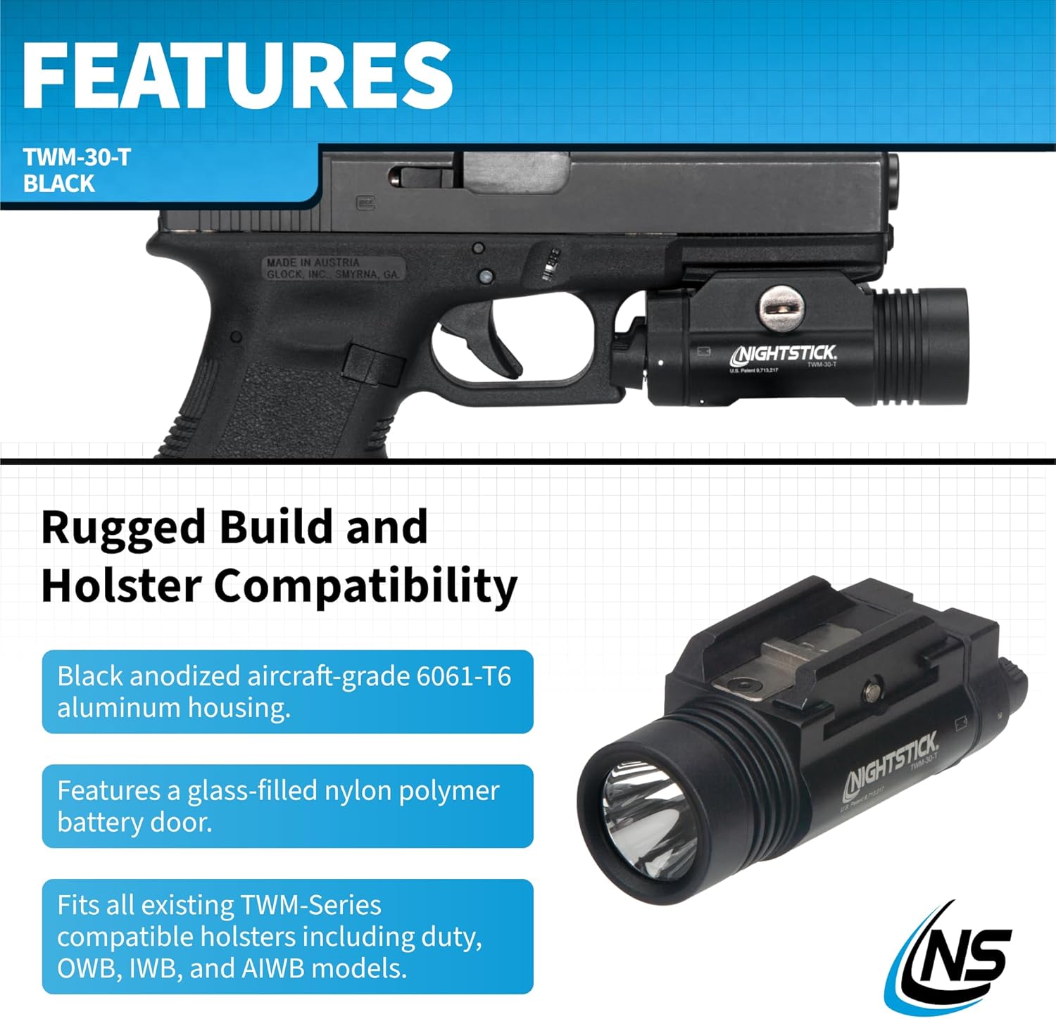 Nightstick TWM-30-T Full Size Turbo High Candela Handgun Light - 2 CR123 - Black