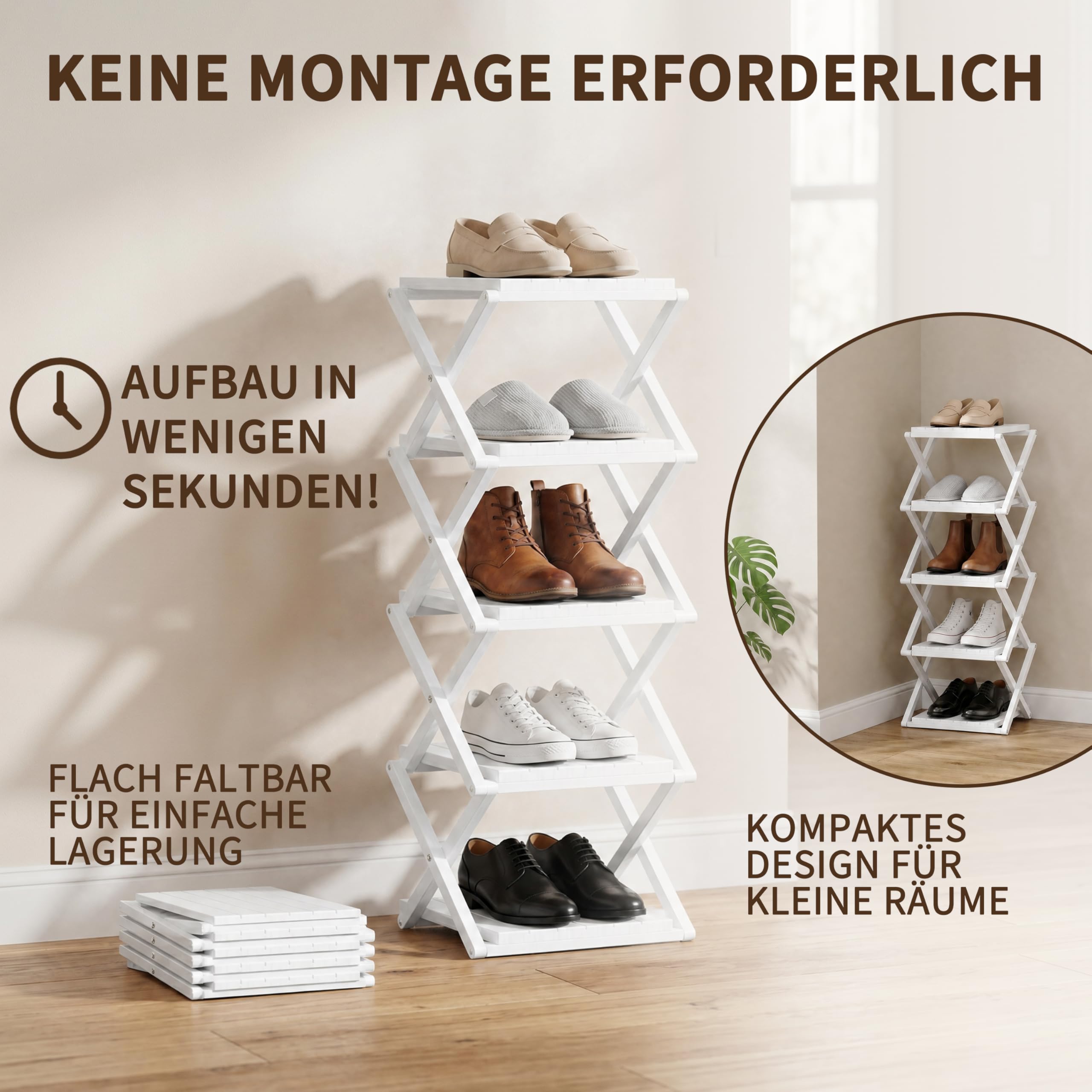 schmales Schuhregal, Ohne Installation, klappbarer Schuhhalter, Tragbare Holz Schuhregale, platzsparend, multifunktional für Eingangsbereiche und Schlafzimmer (Weiß, Verdickung 5 Schichten)