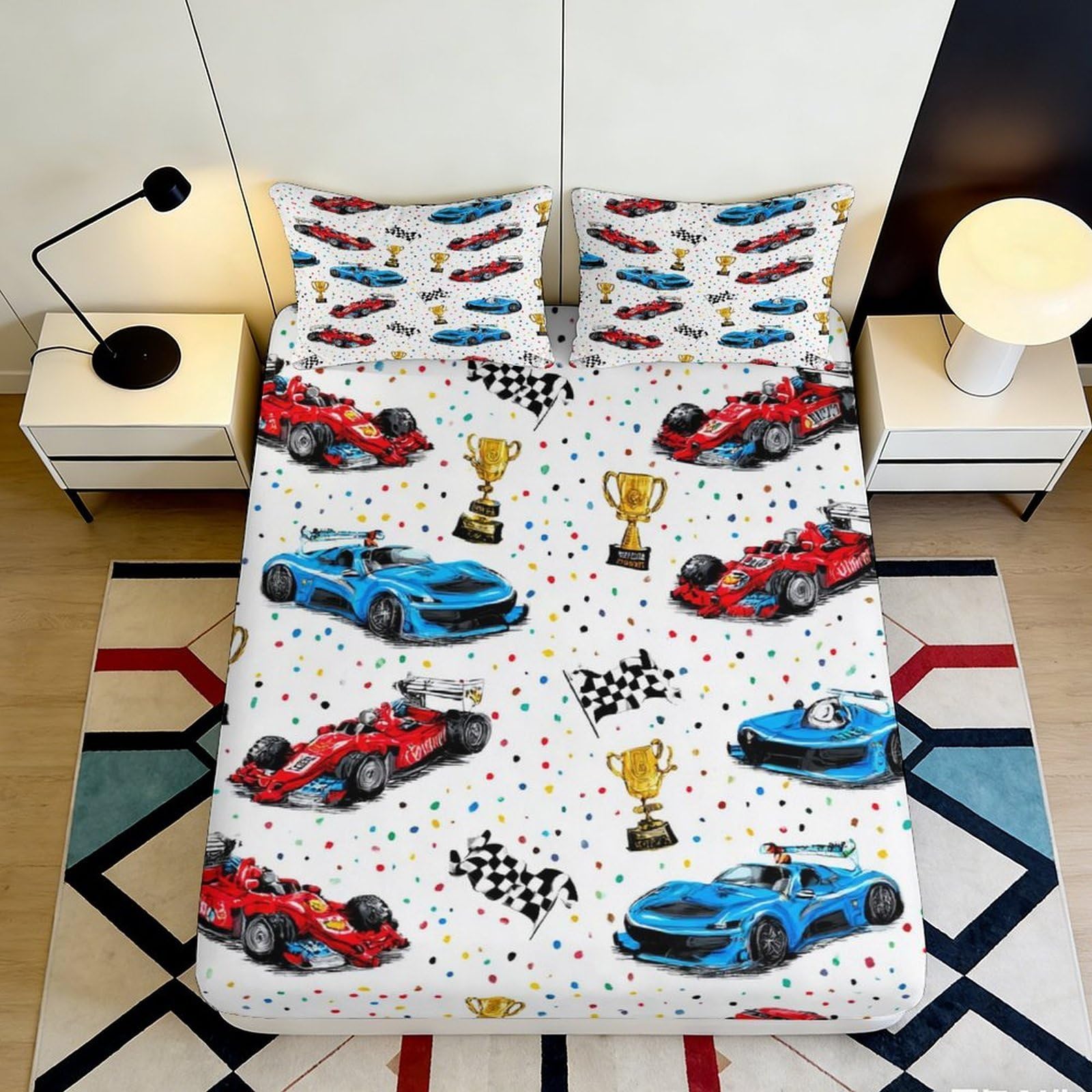3D Printed Racing Car Fitted Sheet Microfiber Soft Breathable Checkered Flag Bed Cover for Bedroom Dormitory Guest Room Mattress Protection Decor 120x200x25cm