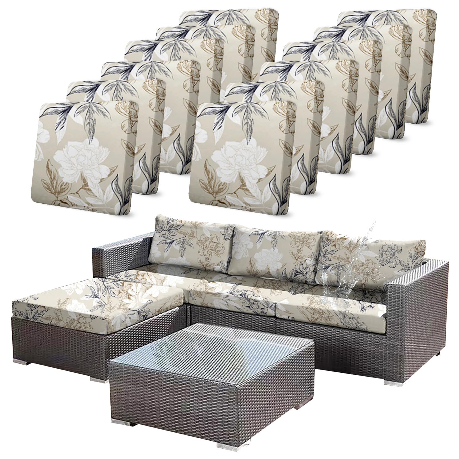 Photo 1 of CALBODE 12Pcs Outdoor Stretch Cushion Covers,Waterproof Outdoor Chair Floral Cushion Covers for Patio Furniture, Washable Beige Couch Covers Replacement for Patio Furniture