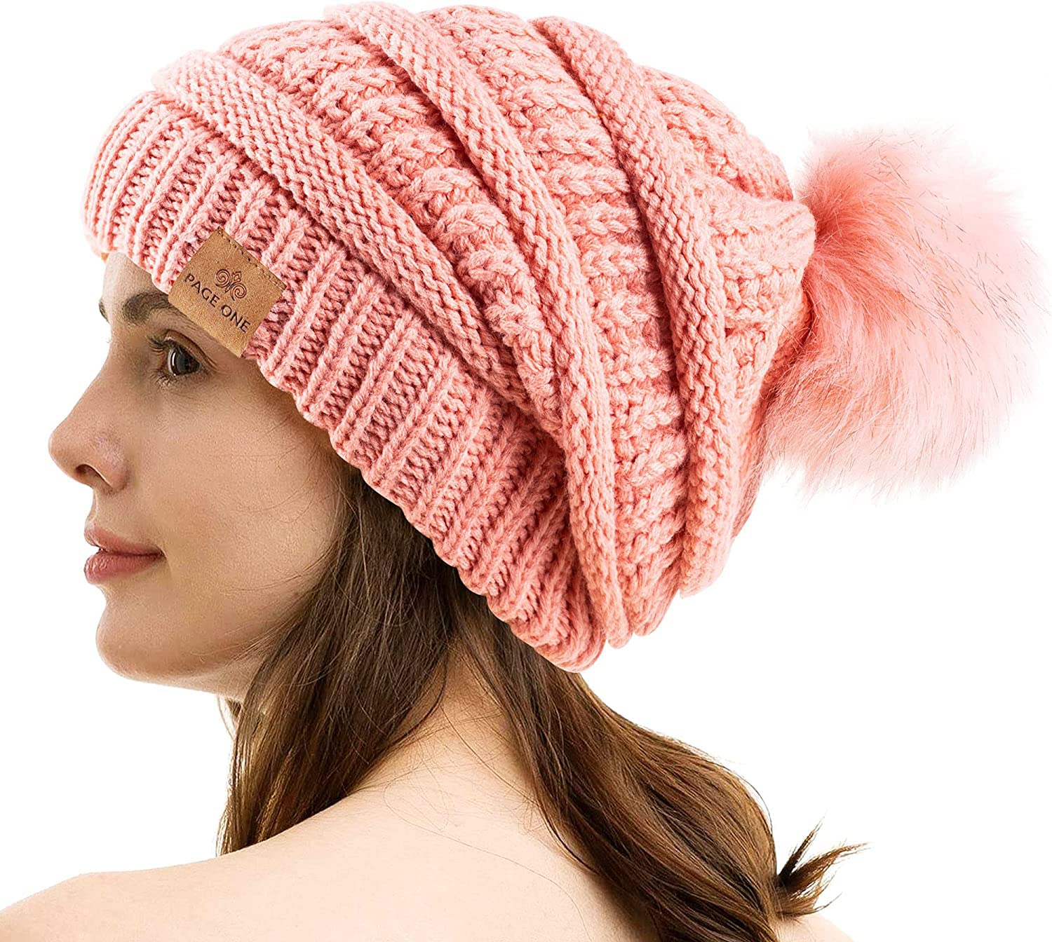 PAGE ONE Womens Fleece Lined Slouchy Beanie Chunky Baggy Hat Fur Pompom Winter Soft Warm Cap