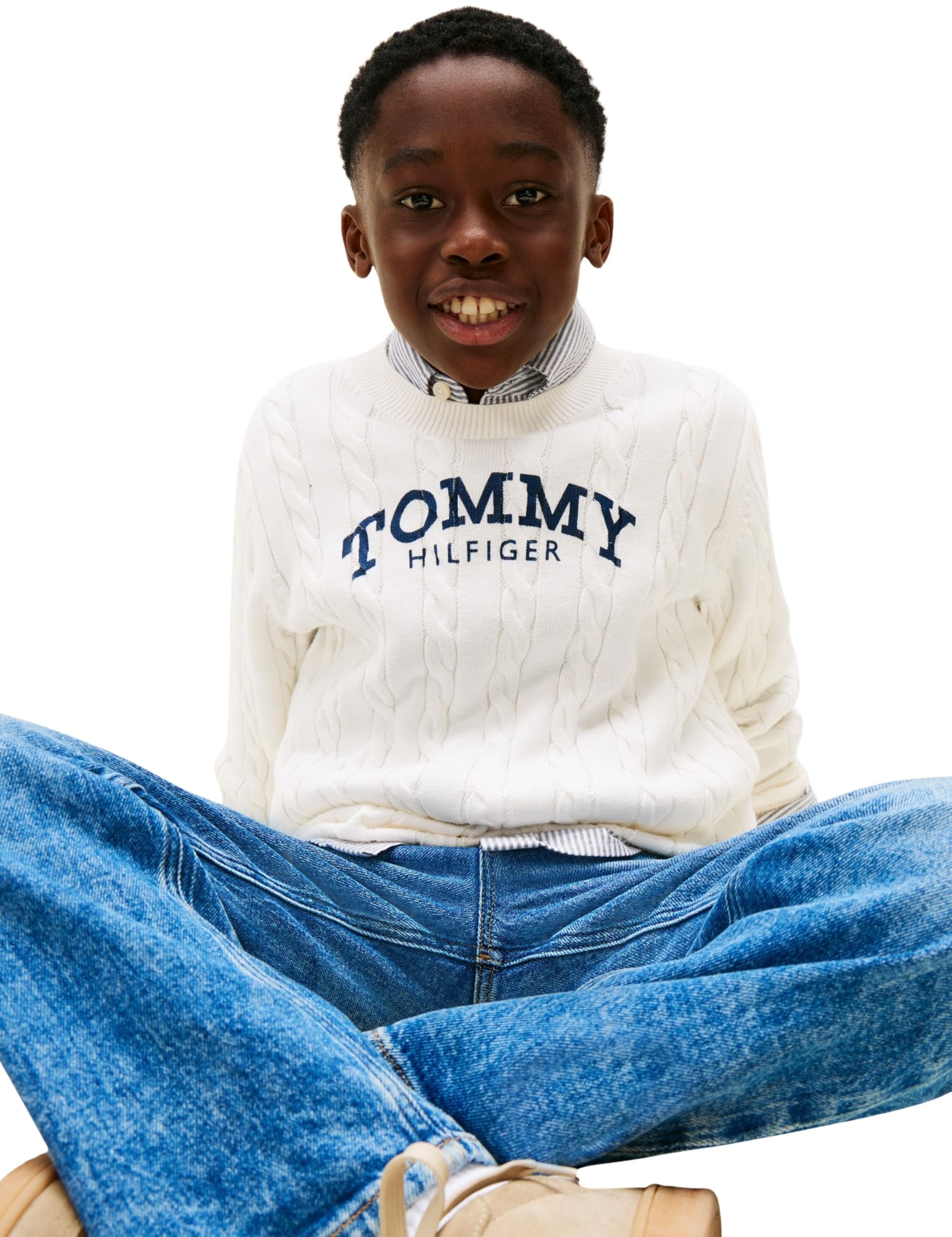 Tommy Hilfiger Jungen Pullover Graphic Cable Sweater Zopfmuster, Weiß (Ivory Silk), 4 Jahre