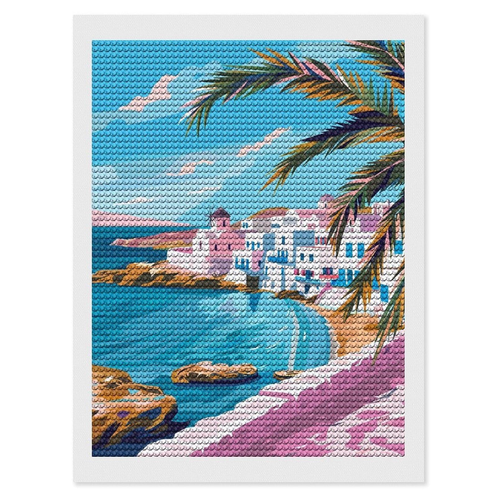 Junmoney Mykonos Greece Travel Art Full Drill Diamond Painting Kit 12"x16", Mindful Craft Activity, Bedroom Decor, for Adults, Gift Idea