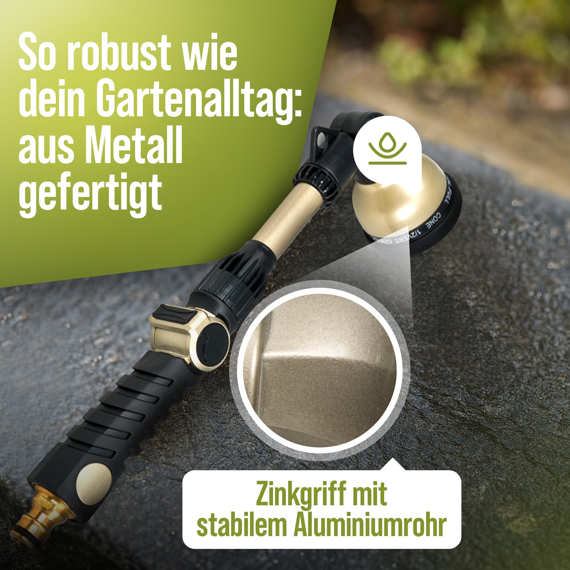 rainfactory Gießstab für Garten [10 Sprühmodi] Metall-Brausestab, langer Aluminium Comfort-Stab | Gartenbrause mit Messingadapter für schnelle Befestigung | Multibrause für Blumendusche & Beete