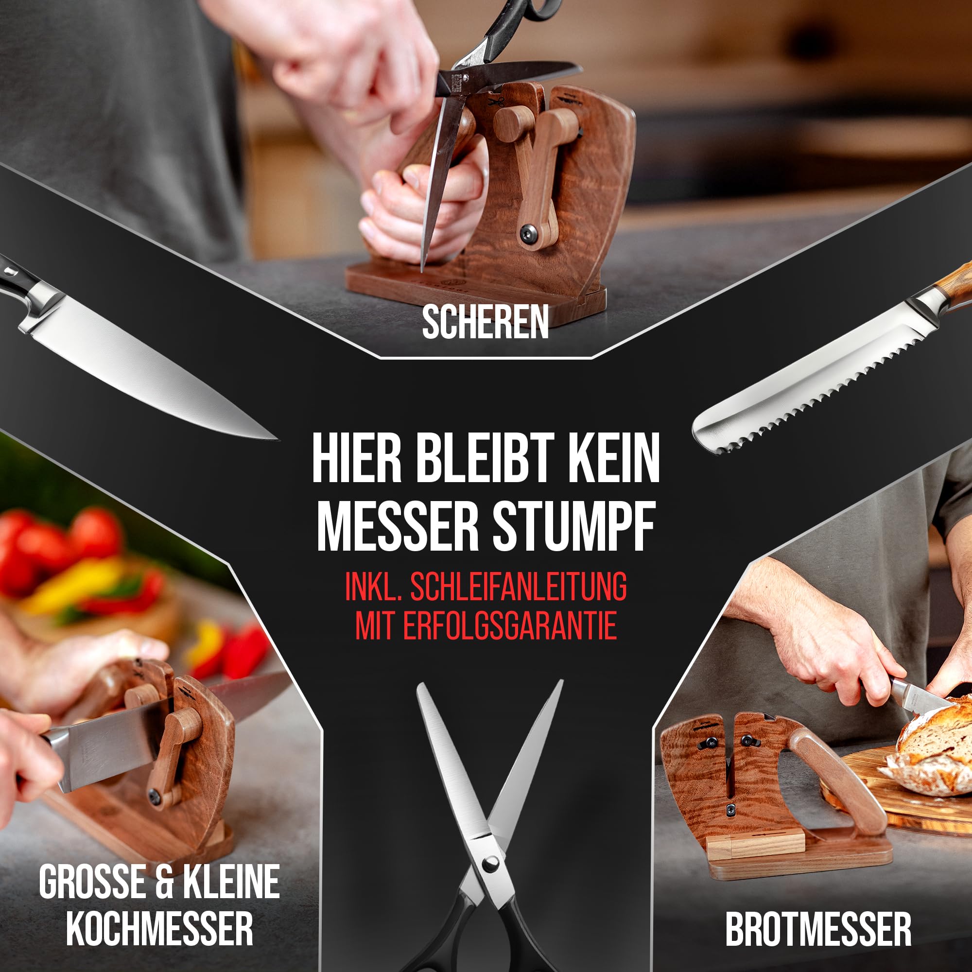 Messerschärfer [Walnuss] – Messerschleifer für glatte & gewellte Messer inkl. Keramik-Nachschleifstab | Scherenschleifer, Messer & Scheren-Schärfer | Knife Sharpener