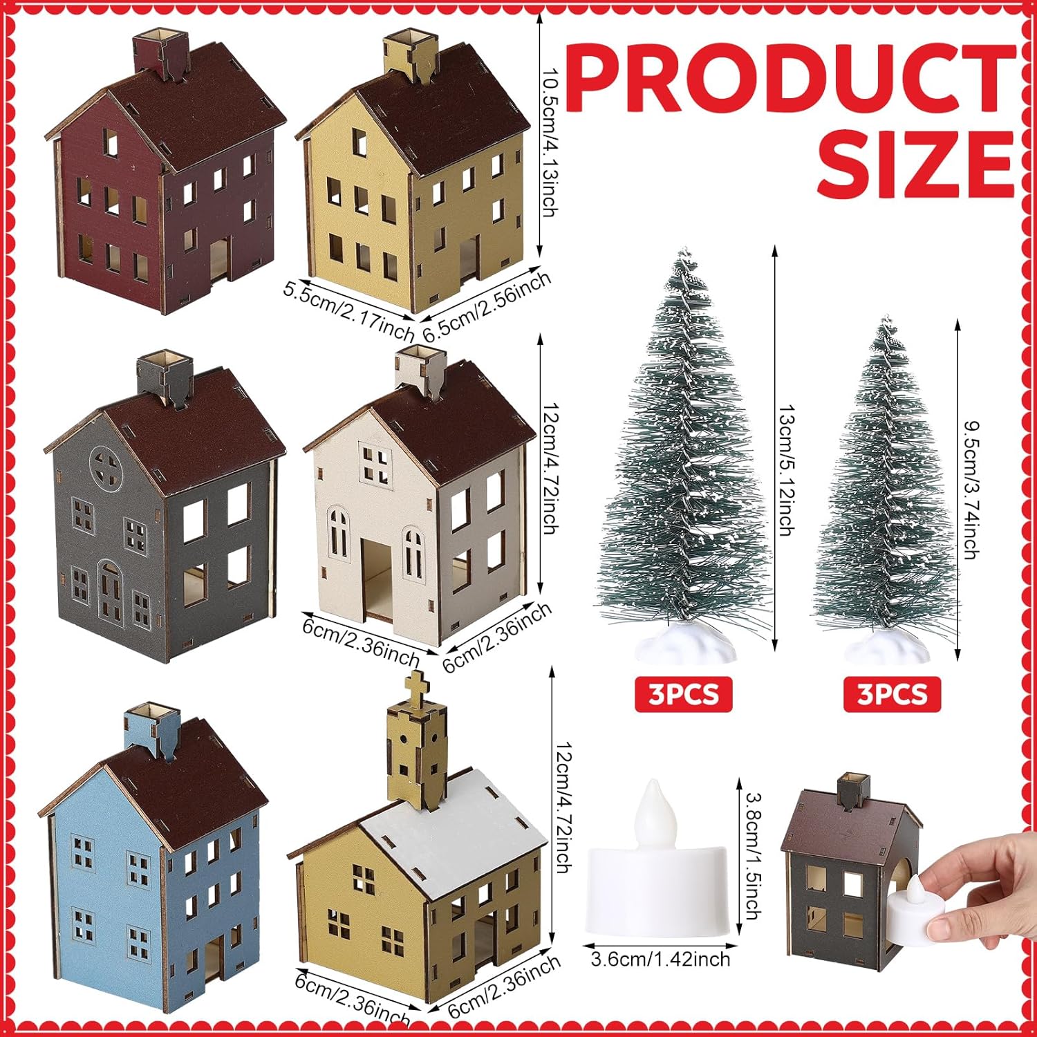 Yalikop 18pcs Easter Village Houses Wooden Village Set Colorful Houses and Multicolored Church with Electronic Candle Light and Tree for Winter Party Supplies and Holiday Figurines Gift