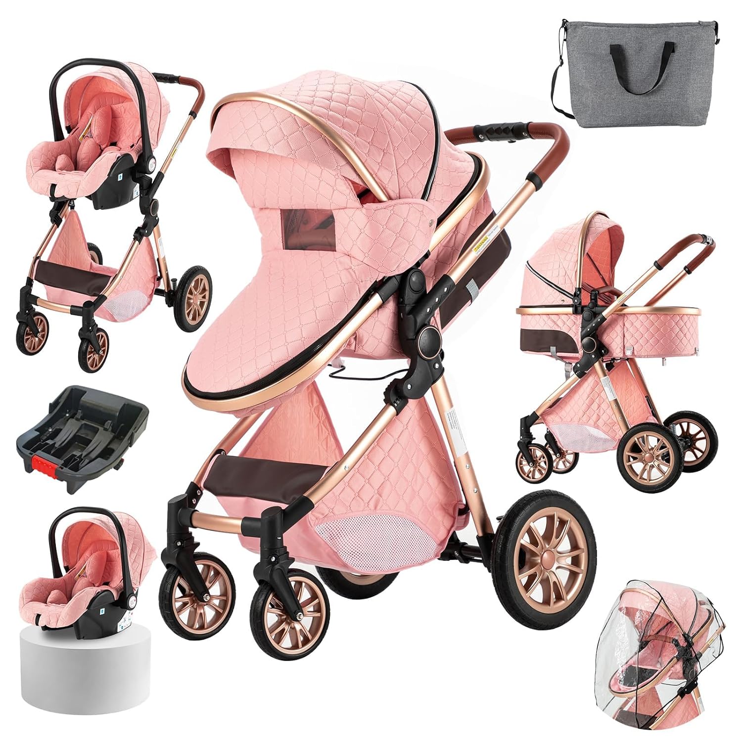 3 in 1 Baby Stroller Travel System, Reversible Newborn Foldable Pram, Infant High Landscape Pushchair, Portable Standard Stroller, Reclining Buggy, Baby Carriage (UDV9-PINK with Base) 3 in 1 Baby Stroller Travel System, Reversible Newborn Foldable Pram, Infant High Landscape Pushchair, Portable Standard Stroller, Reclining Buggy, Baby Carriage (UDV9-PINK with Base)