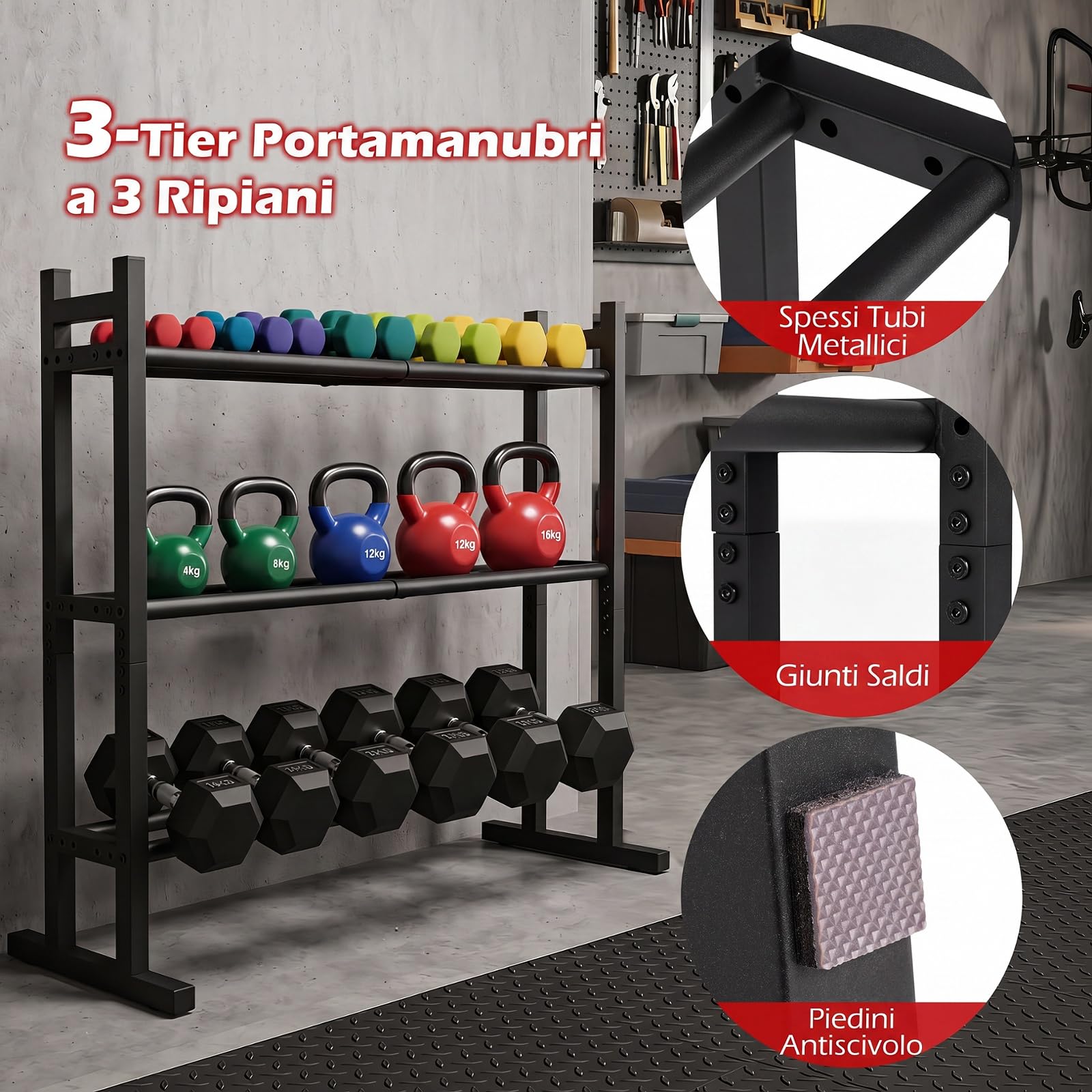 COSTWAY Rastrelliera Manubri a 3 Livelli, Porta Manubri in Metallo con Ripiano Regolabile, Porta Pesi per Palestra, Casa e Garage, 80 x 30 x 80 cm, Capacità di Carico 240 kg,