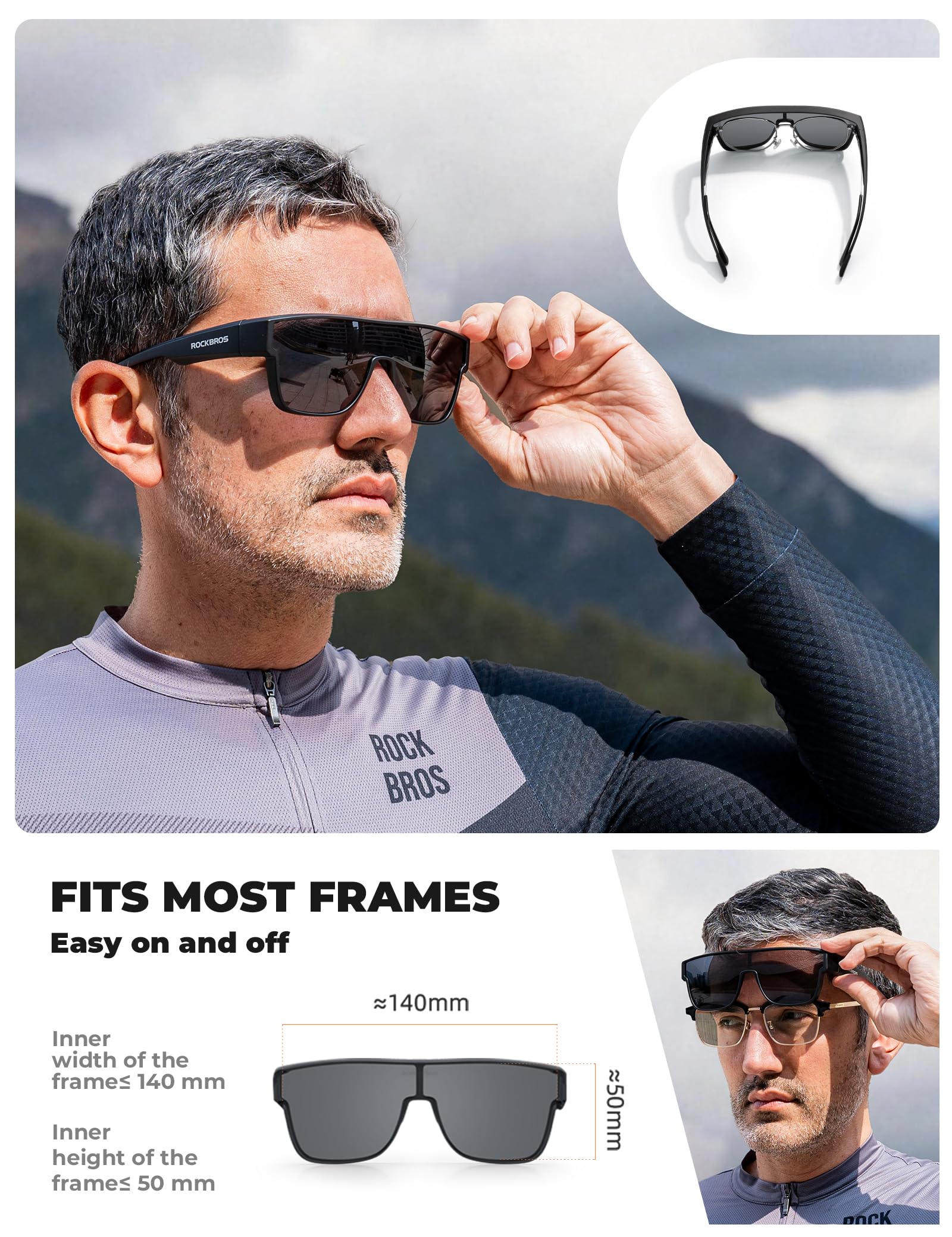 ROCKBROS Sovraocchiali da Sole Polarizzati Protezione UV400 Donna Uomo | Occhiali da Sole Sovrapponibili, Occhiali Sportivi Antiriflesso per Ciclismo Bici MTB Corsa Pesca