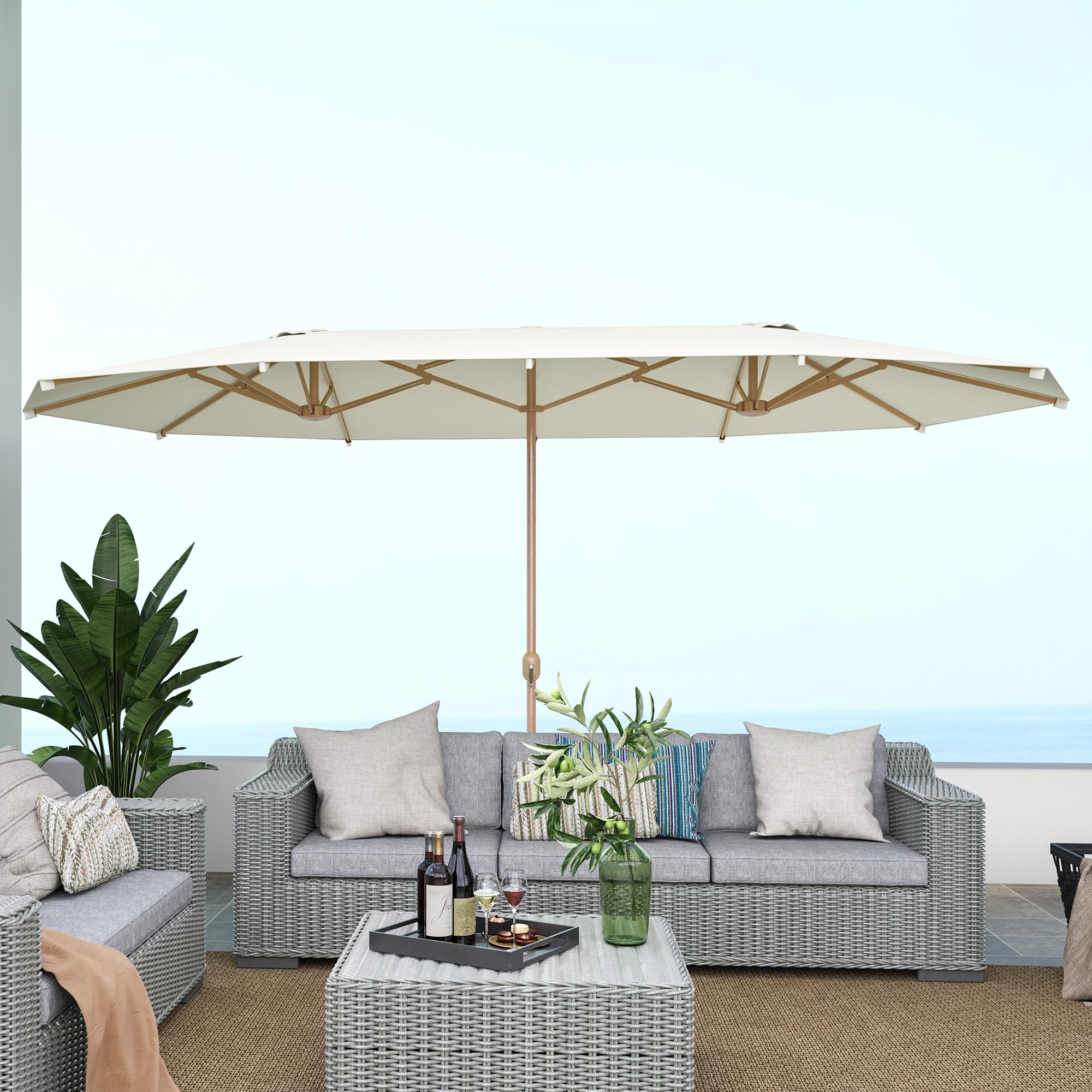 Outsunny Sombrilla Doble 4,6x2,7 m Sombrilla Terraza Exterior con Manivela Manual Resistente al Agua y Protección Solar Parasol Grande para Terraza Playa Piscina