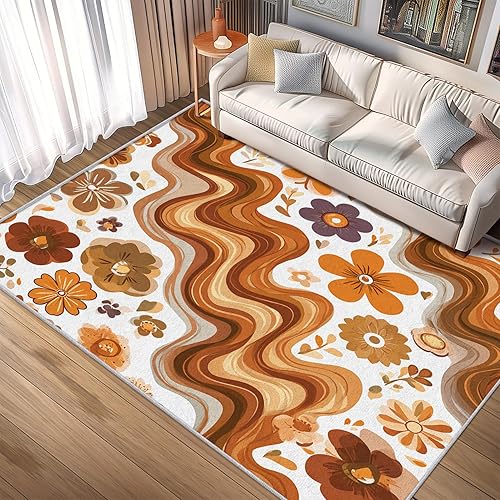 Miniatura 2 de Retro 70s Rug Small, Washable 2x3 Throw Rug for Entryway, Floral Wave Abstract Patterned Indoor Door Mat, Retro 70s Decor for Home, Bedroom, Soft