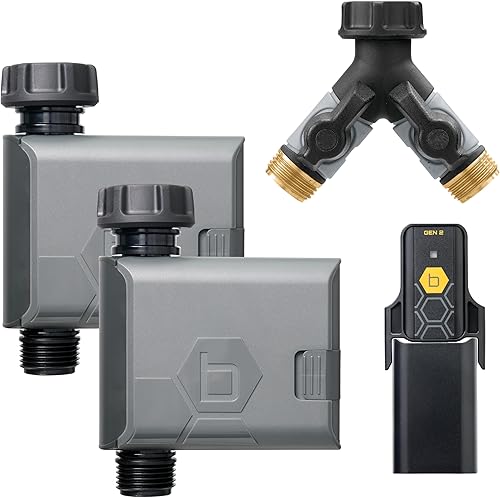 Orbit 21206 B-hyve Gen 2 Temporizador inteligente de riego de manguera, paquete de 2 con concentrador Wi-Fi y divisor Y de manguera