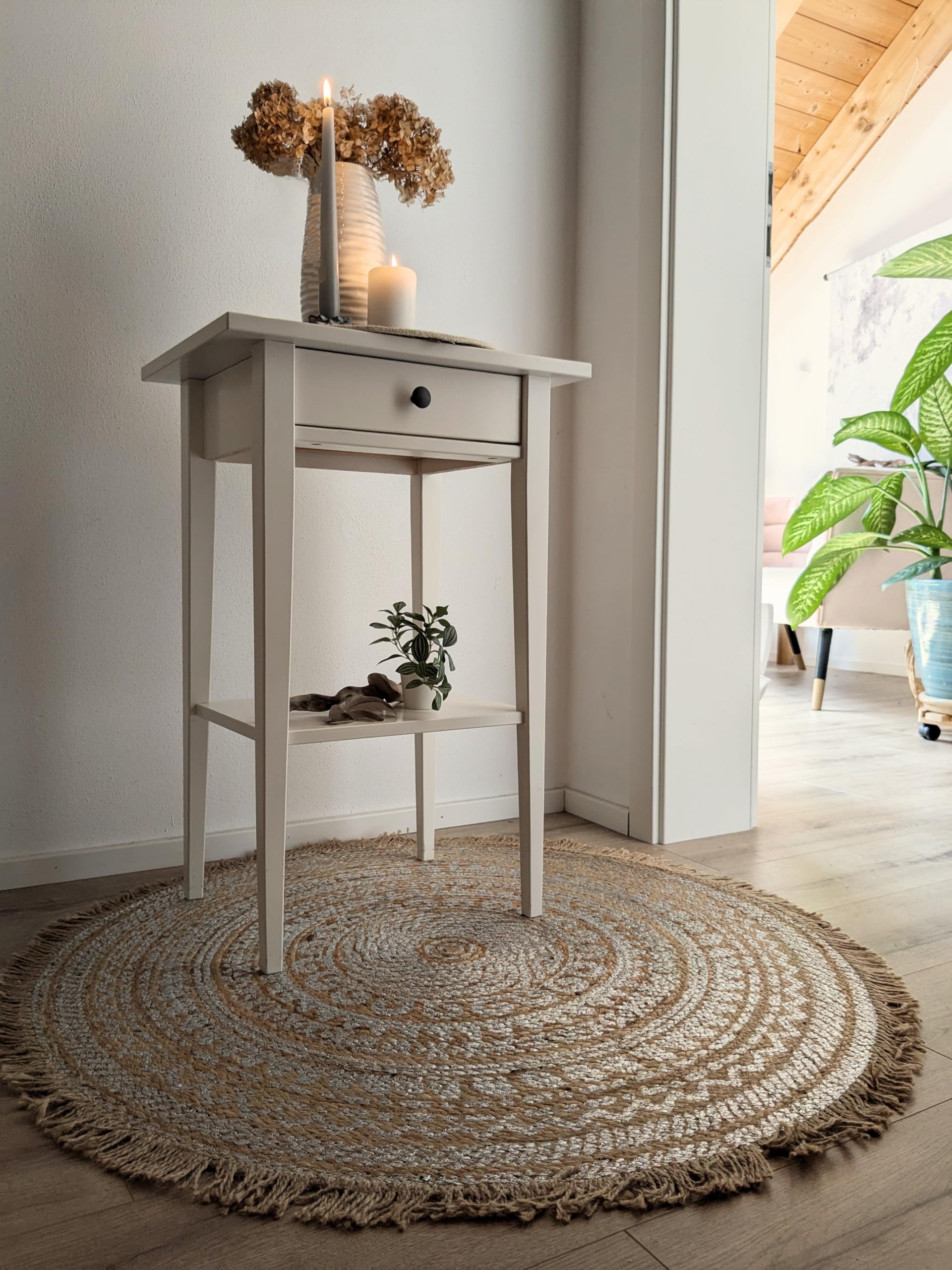 Teppich rund Wohnzimmer Juteteppich Boho 90 cm rutschfest Beige (Grau)