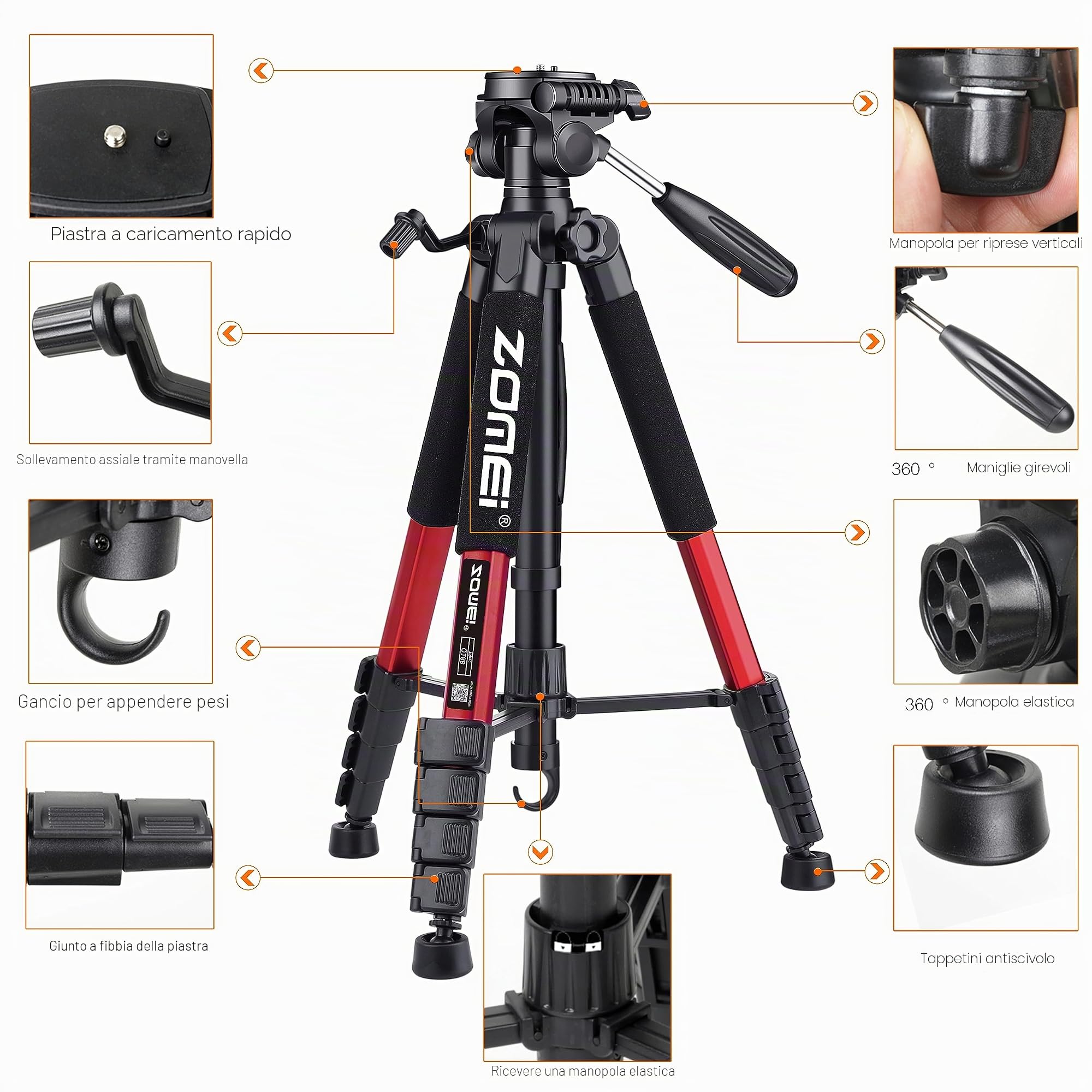 ZOMEi Cavalletto Treppiede da 188 cm Heavy Duty Tall Tripod, professionale da viaggio, compatibile con fotocamere DSLR, telefoni cellulari, proiettori, binocoli, cannocchiale (rosso)