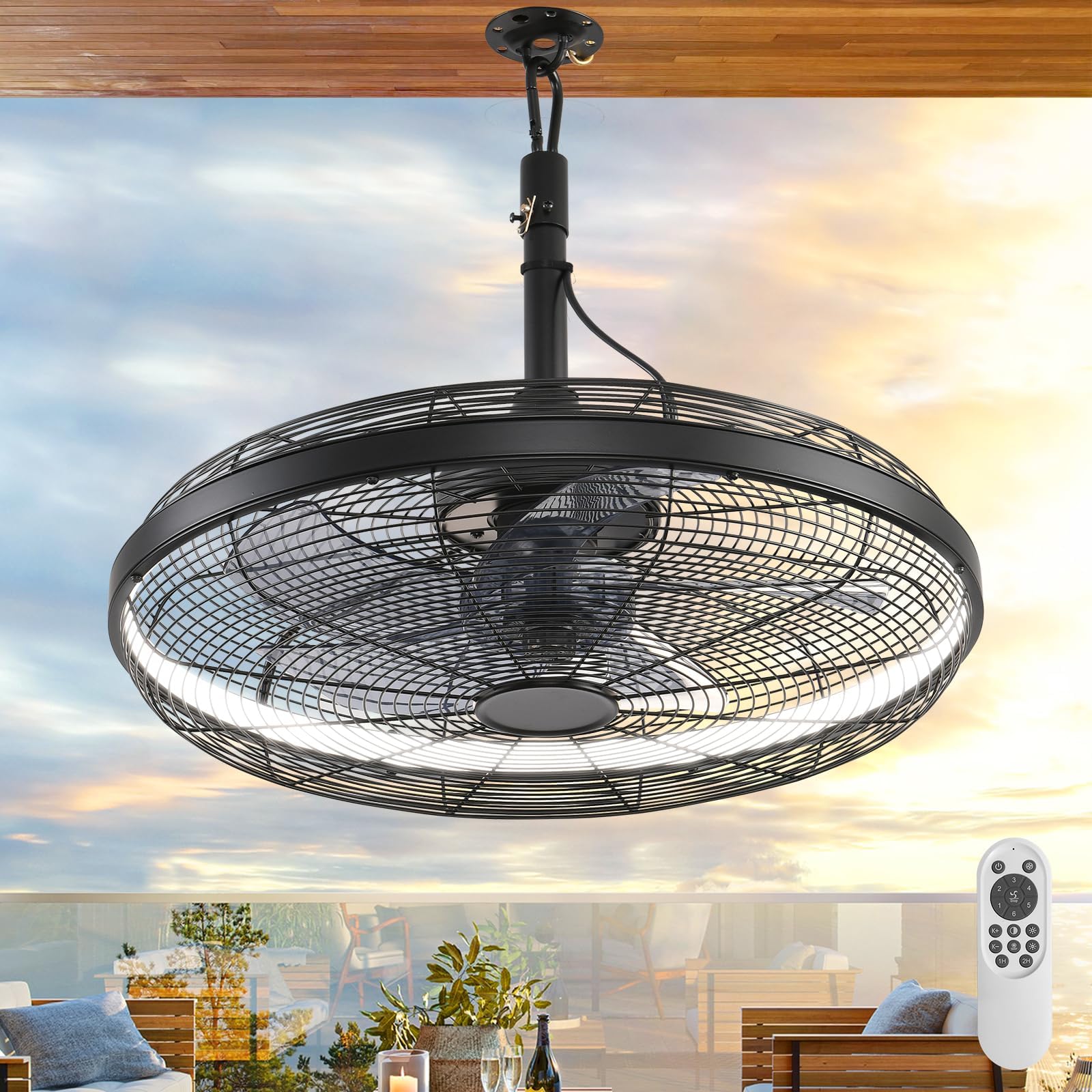 Outdoor Ceiling Fan with Lights, 20 Inch Gazebo Fan, Plug-In Ceiling Fan for Patios, Pergola, Ceiling Fan with Remote Control, Hanging with
