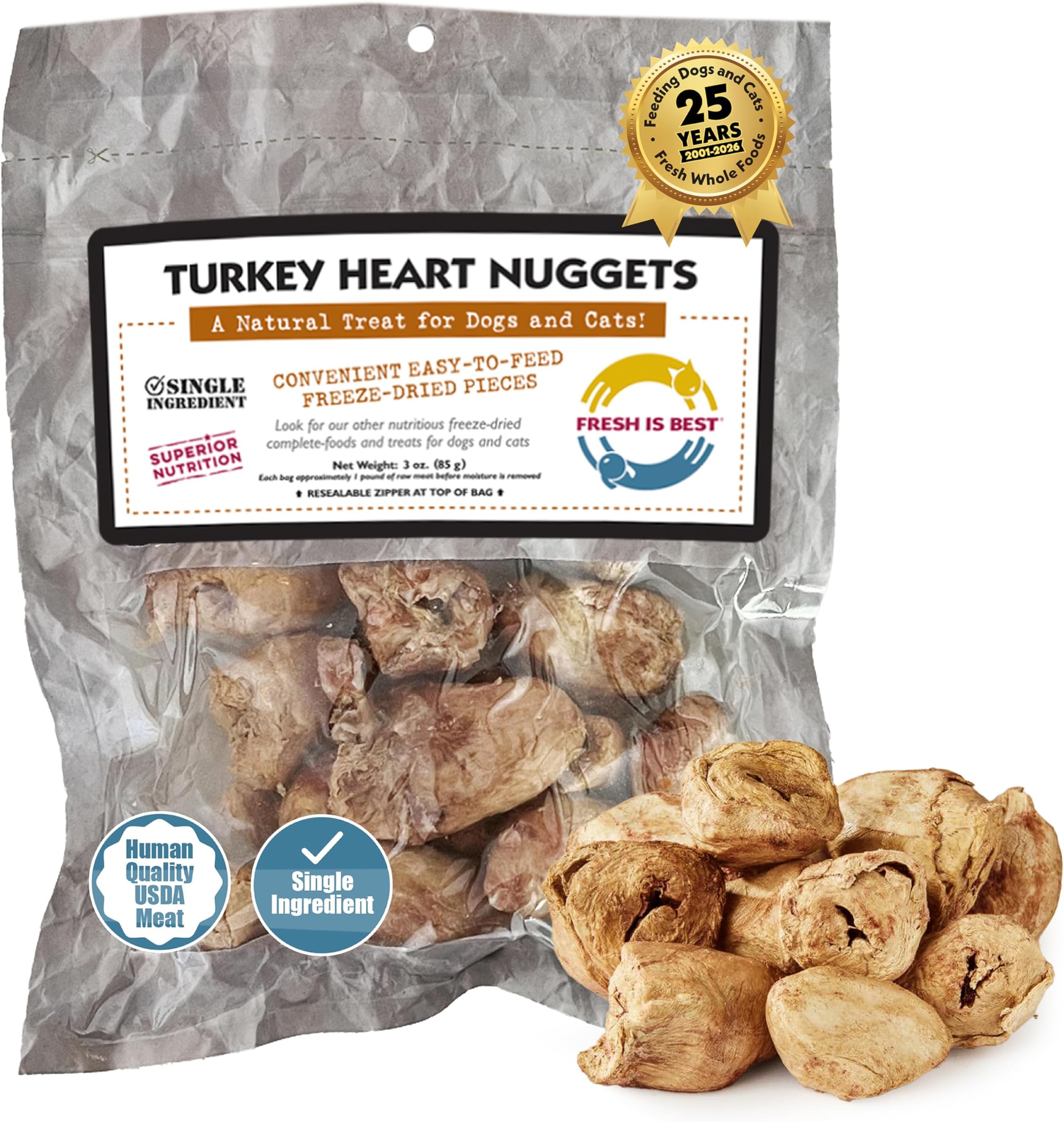 Fresh Is Best Turkey Heart Nuggets Freeze Dried Dog Treats for Cats & Dogs