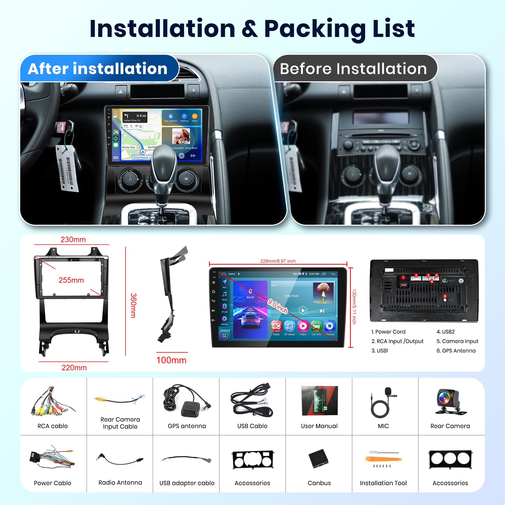 Bezprzewodowe radio samochodowe 4G+64G Android Carplay 2 Din dla Peugeot 3008 2009-2016 z bezprzewodowym Androidem Auto GPS Navi WiFi 9-calowe radio samochodowe z lustrem łącze Bluetooth FM/RDS/32 EQ