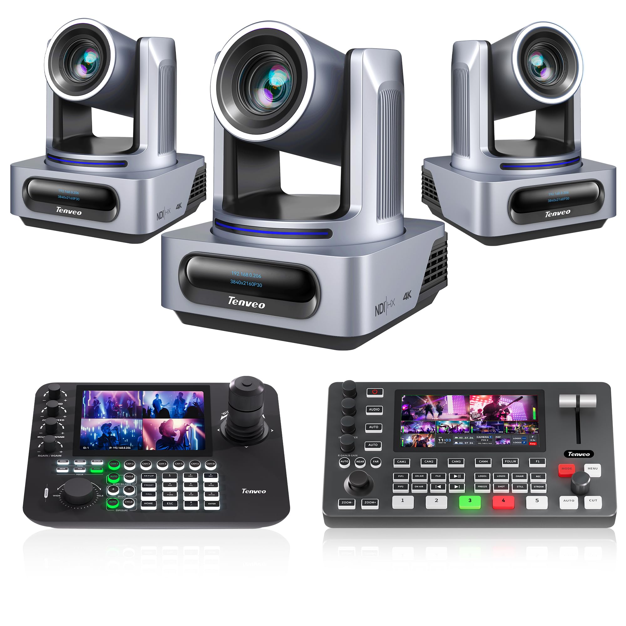Tenveo Kit Telecamera PTZ e Controller - 3 Telecamere NDI PTZ 4K con Auto-Tracking AI 20X, SDI/HDMI/USB3.0/LAN(PoE) e Controller Joystick NDI con Quad-Screen da 7” e Mixer Video
