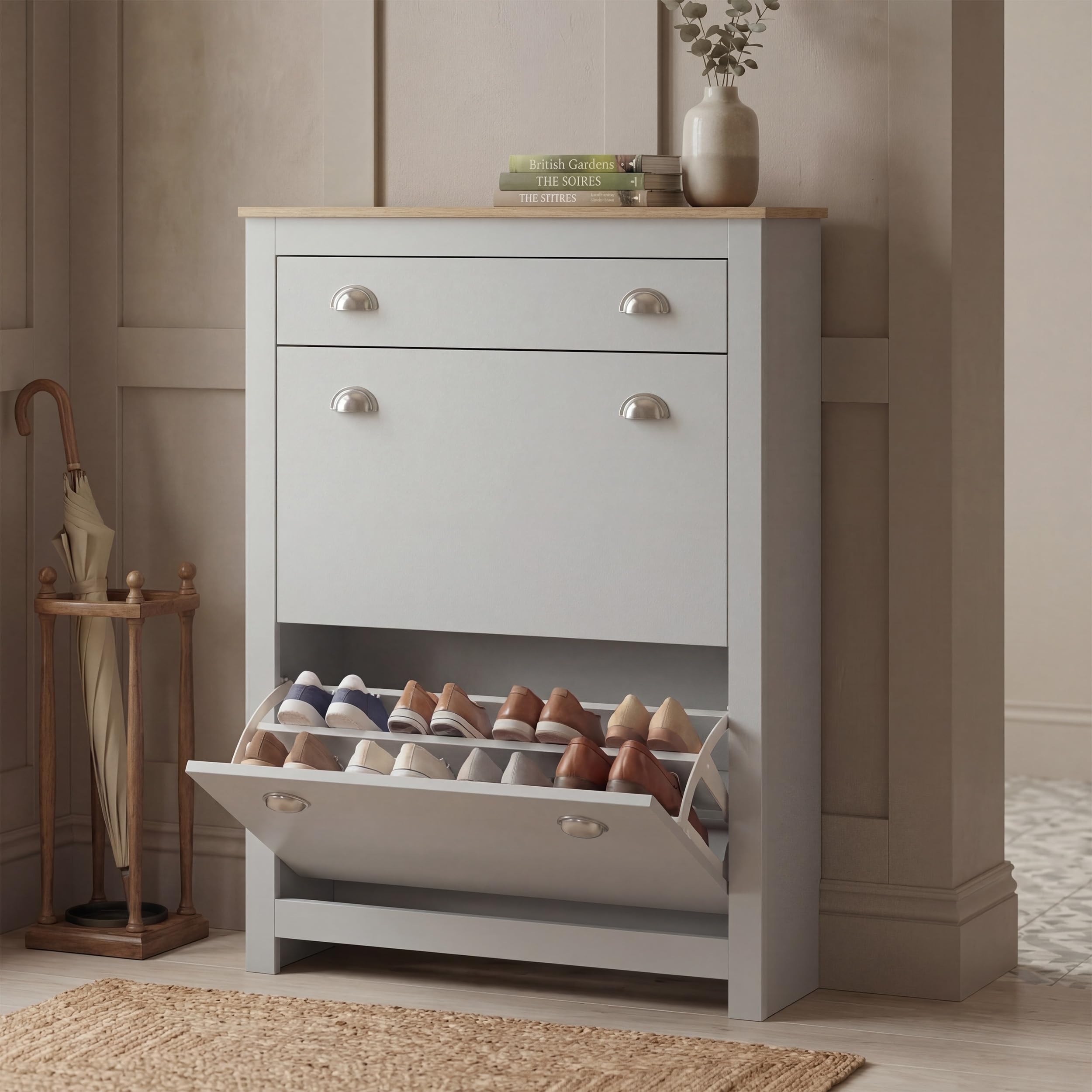 Blisswood Shoe Cabinet with 2 Flip Drawers & 1 Open Storage Drawer, Wooden Shoes Storage Organiser Cupboard Unit, Freestanding Modern Shoes Rack for Entryway Footwear Stand, Hallway Furniture (Grey)