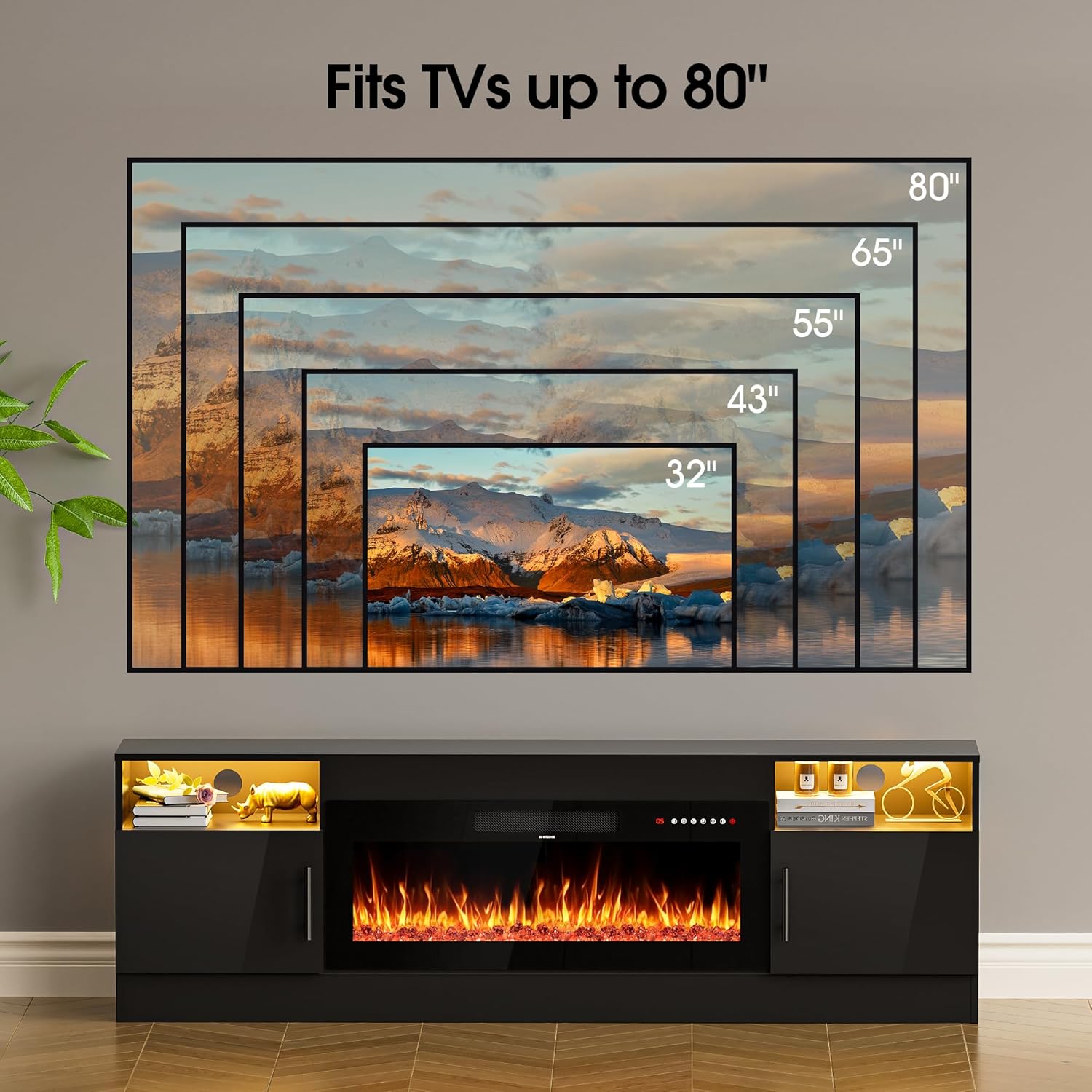 AHB Fireplace TV Stand, LED Light Entertainment Center with 36 Electric Fireplace, Storage Cabinet and Door Handles, Media Console Table for TVs Up to 80 Inches for Living Room, 70 Inches (Black)