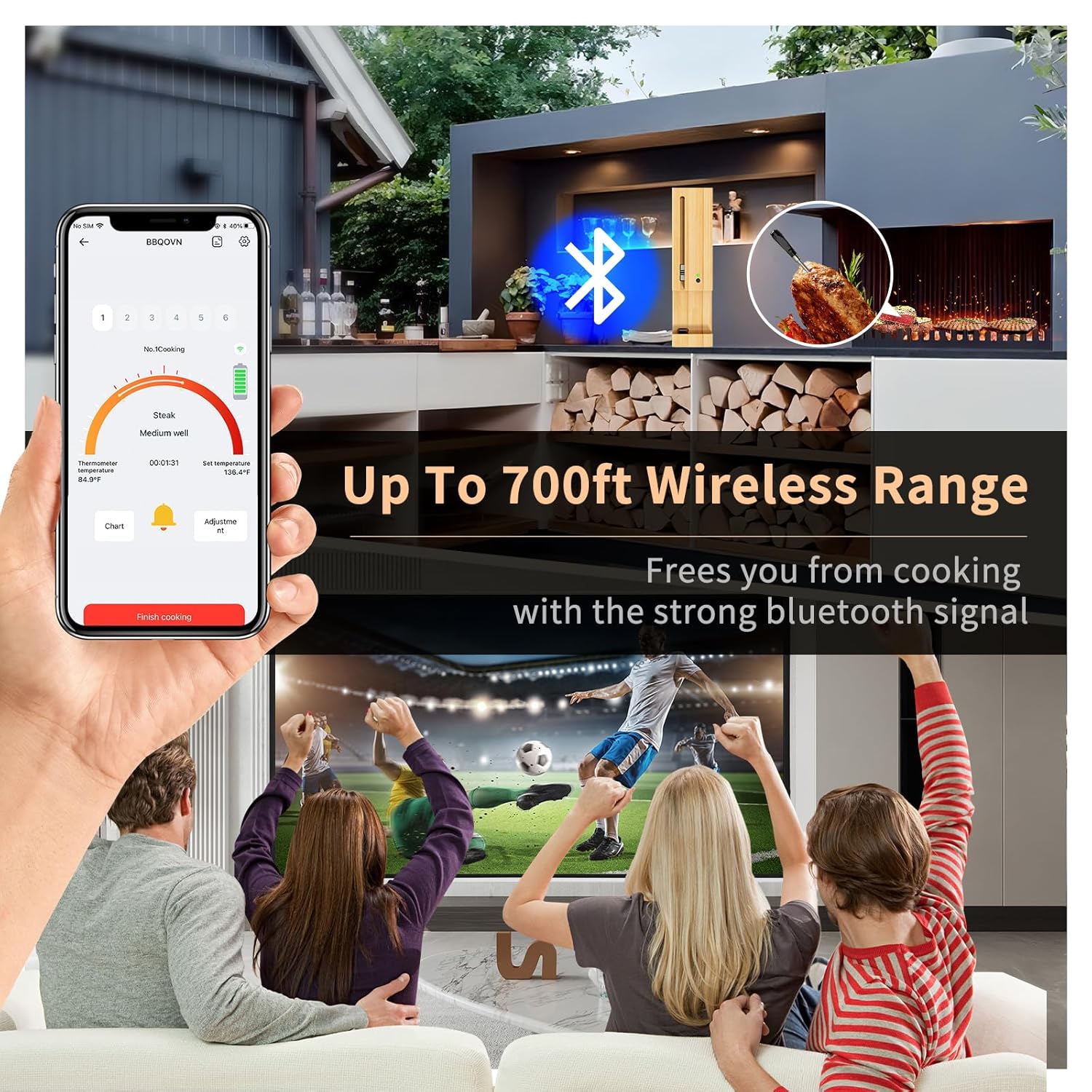 Illustration showing the wireless meat thermometer in use with a grill, and a family relaxing indoors while monitoring the cooking on a smartphone, indicating a wireless range of up to 700ft.