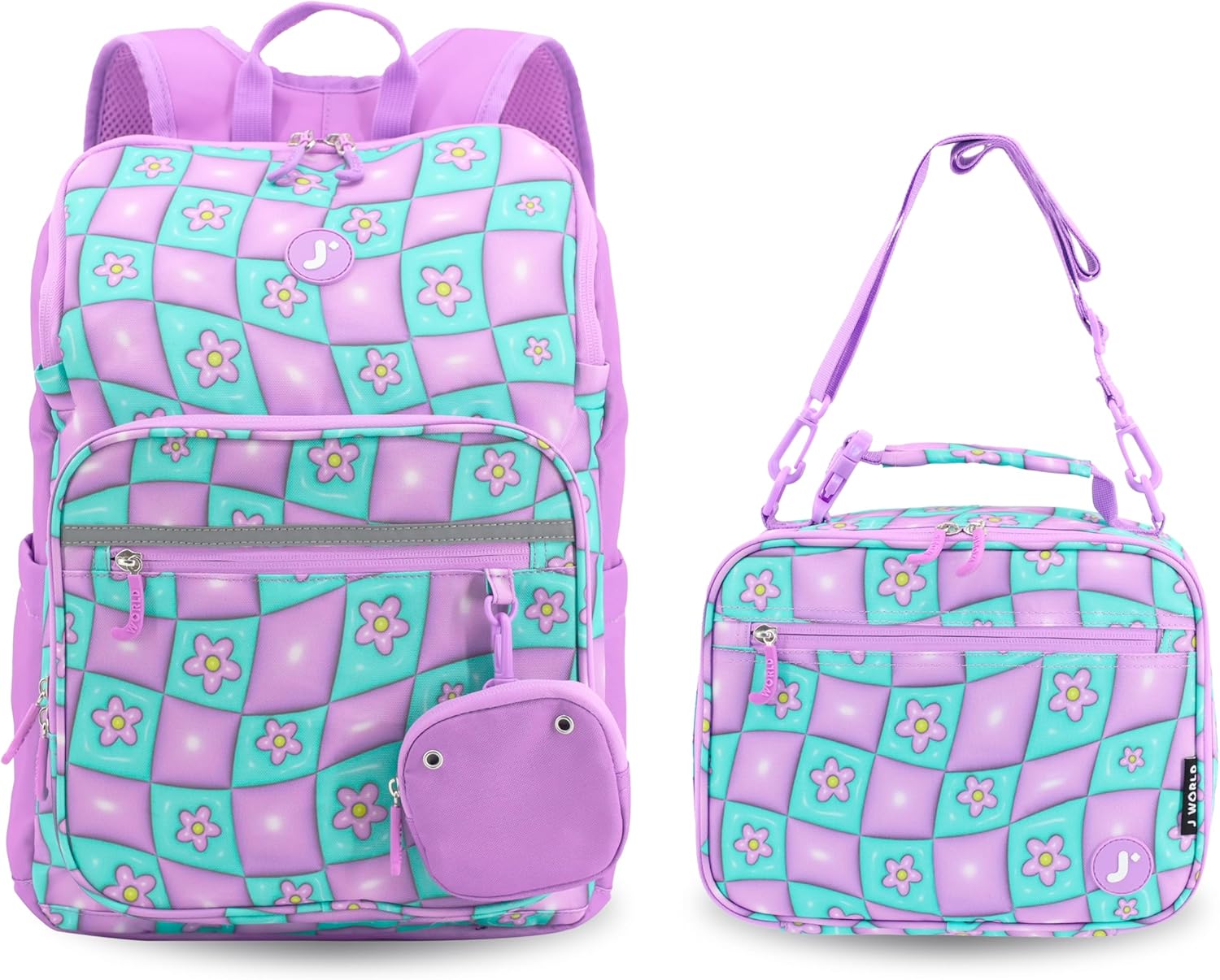 J World New York Junior Set Kids Backpack with Lunch Box. School Bookbag and Lunch Bag, Puffy Flower