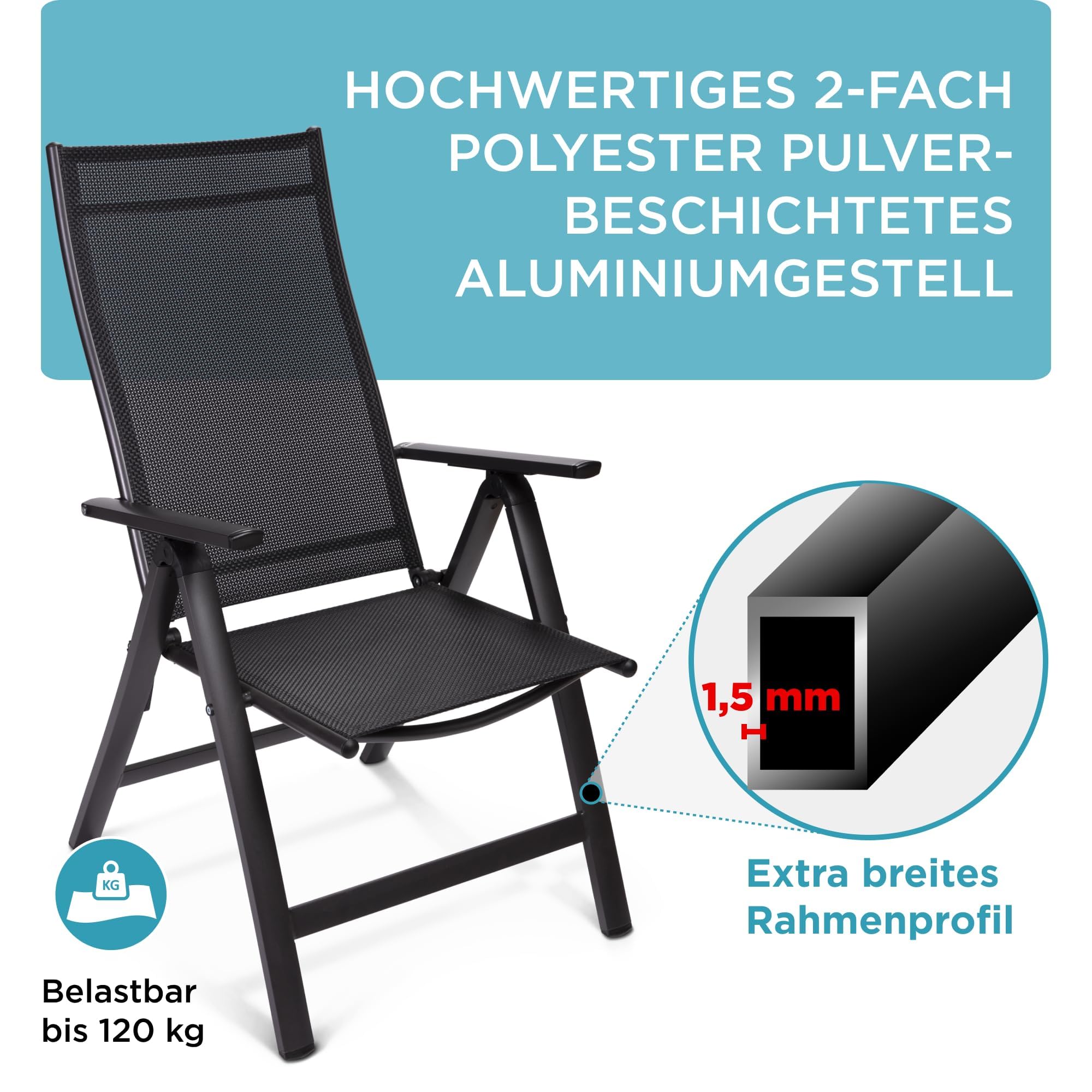 Hochlehner Gartenstuhl klappbar aus Aluminium, 2-Fach pulverbeschichtet, wetterfest, leicht, 5-Fach verstellbar, Made in EU, 2er Set, Anthrazit