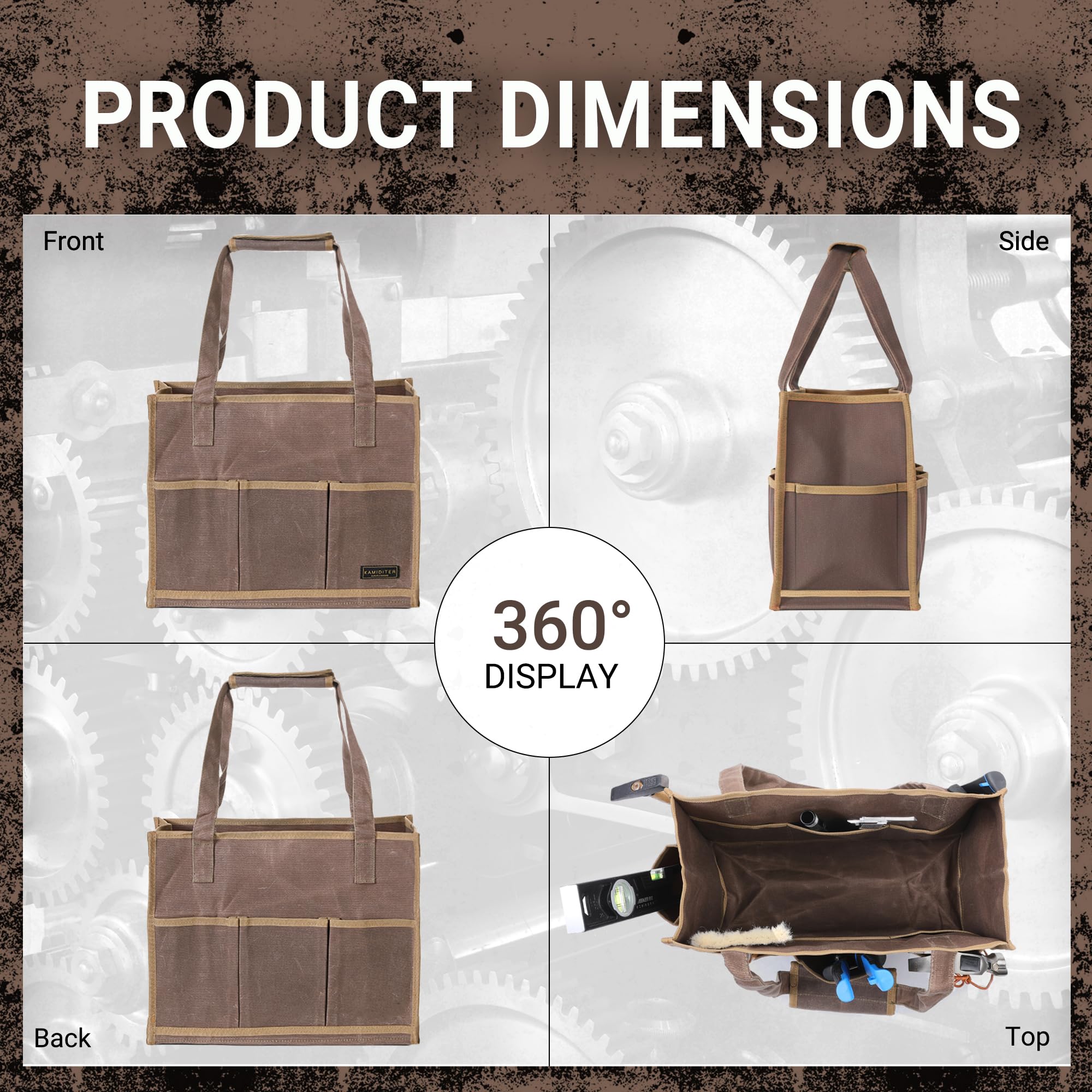 Bolsa de herramientas de lona encerada, organizador de bolsas de herramientas de jardín con 14 bolsillos adicionales y asa extraíble, 16.5 x 6.5 x 12.5 pulgadas, gris