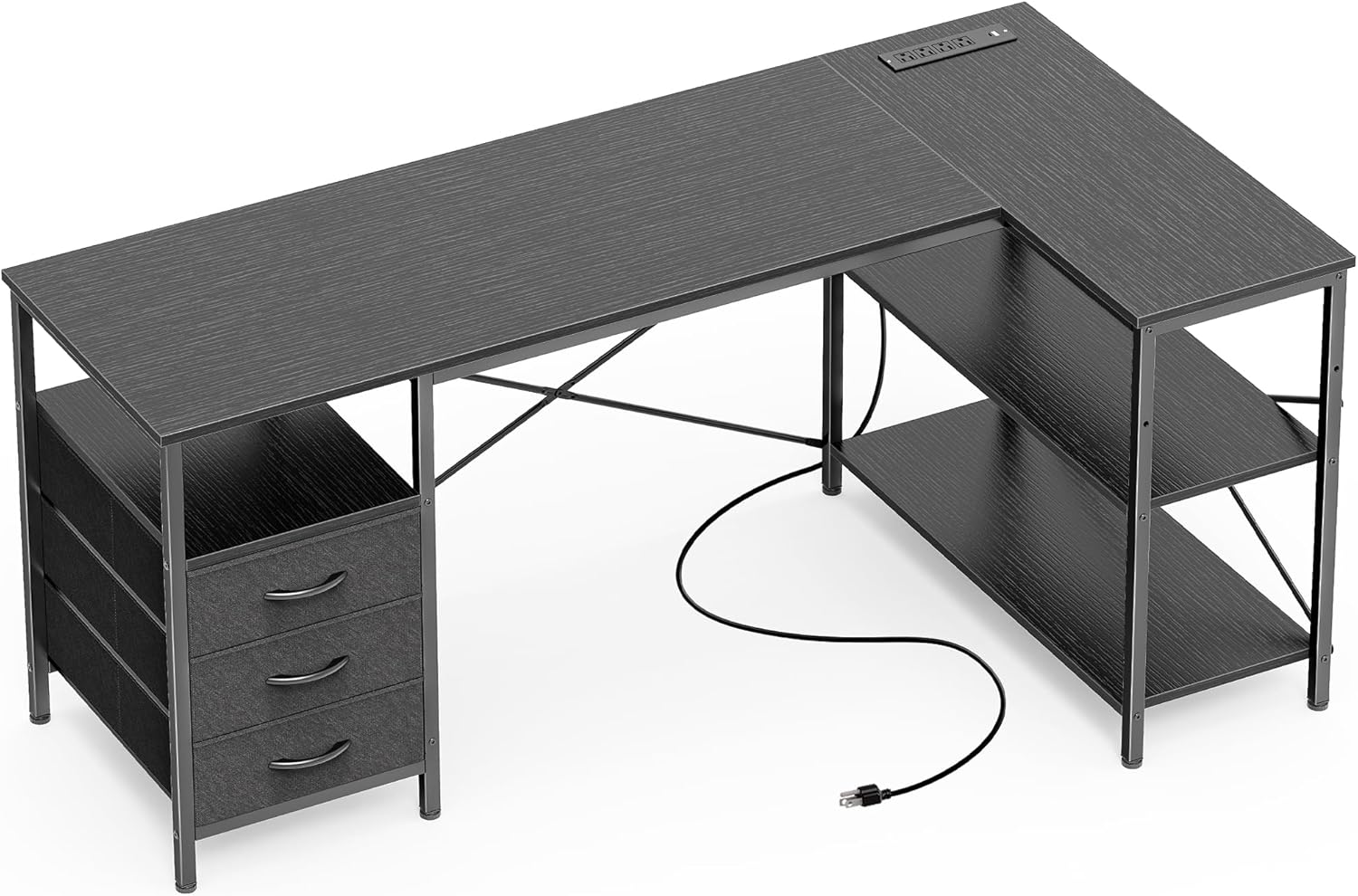 Huuger L Shaped Desk with Power Outlets, Computer Desk with 3 Drawers, 55 Inch Office Desk with Shelves, Gaming Desk, Corner Desk Work Desk for Home Office, Study, Black
